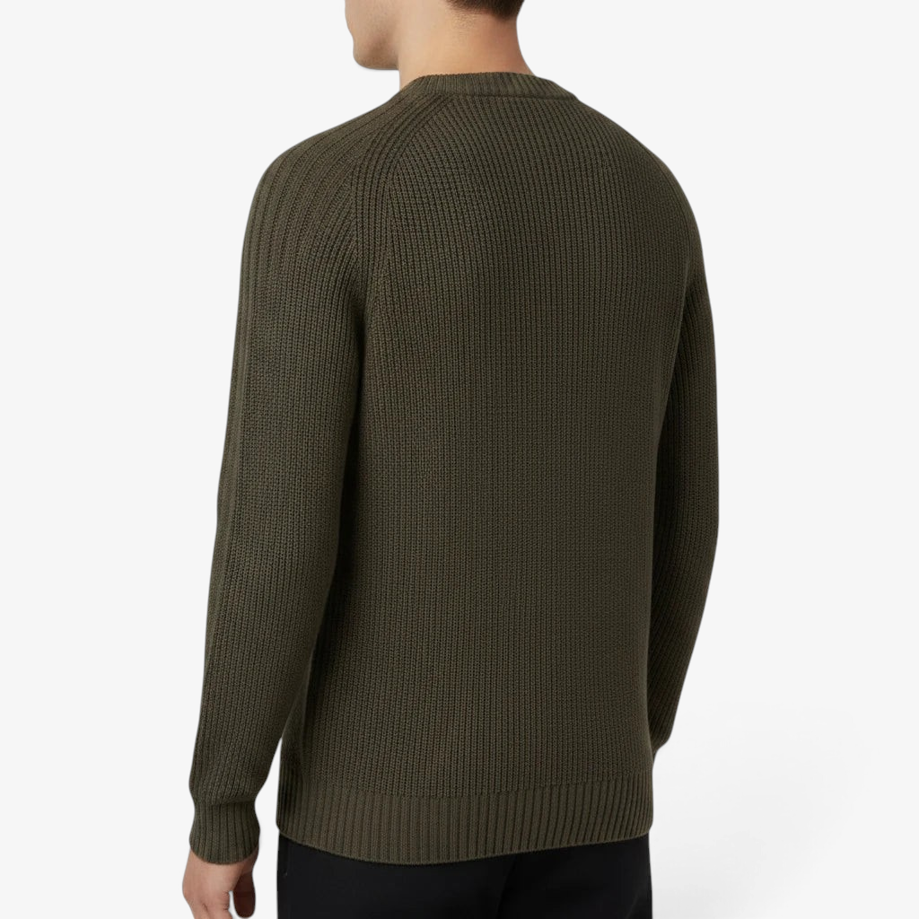 Riva Menswear Gran Sasso khaki green ribbed crew neck jumper in water-repellent Rain Wool, back view