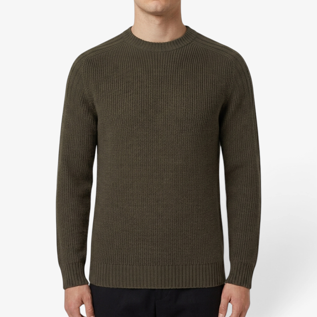Riva Menswear Gran Sasso khaki green ribbed crew neck jumper made from water-repellent Rain Wool.