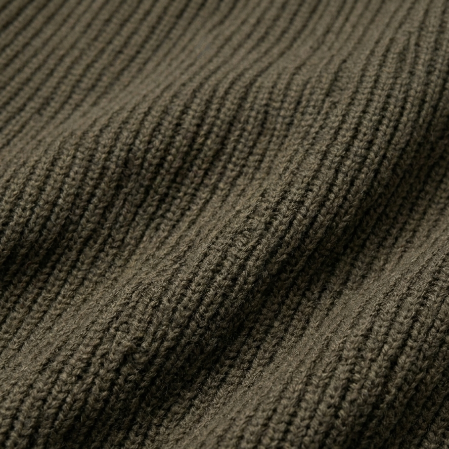 Close-up of Riva Menswear Gran Sasso khaki green wool ribbed crew neck jumper with water-repellent texture