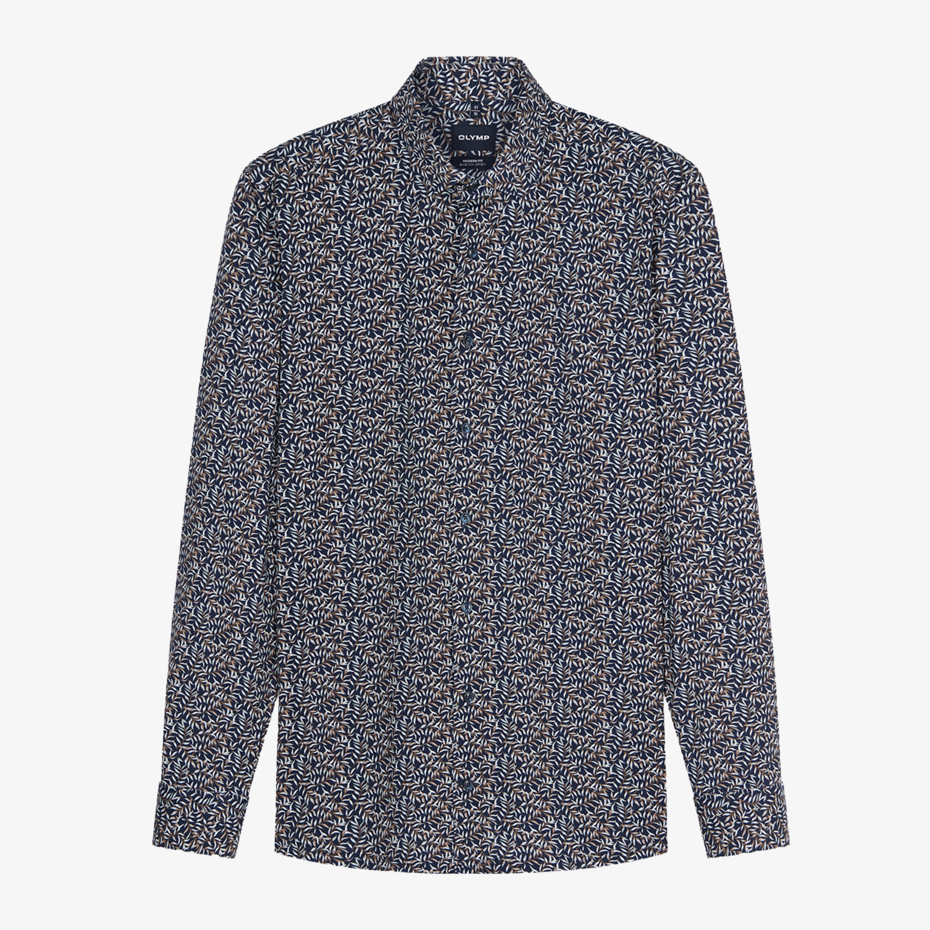 Olymp Luxor 24/Seven Jersey Leaf Print Shirt - Navy
