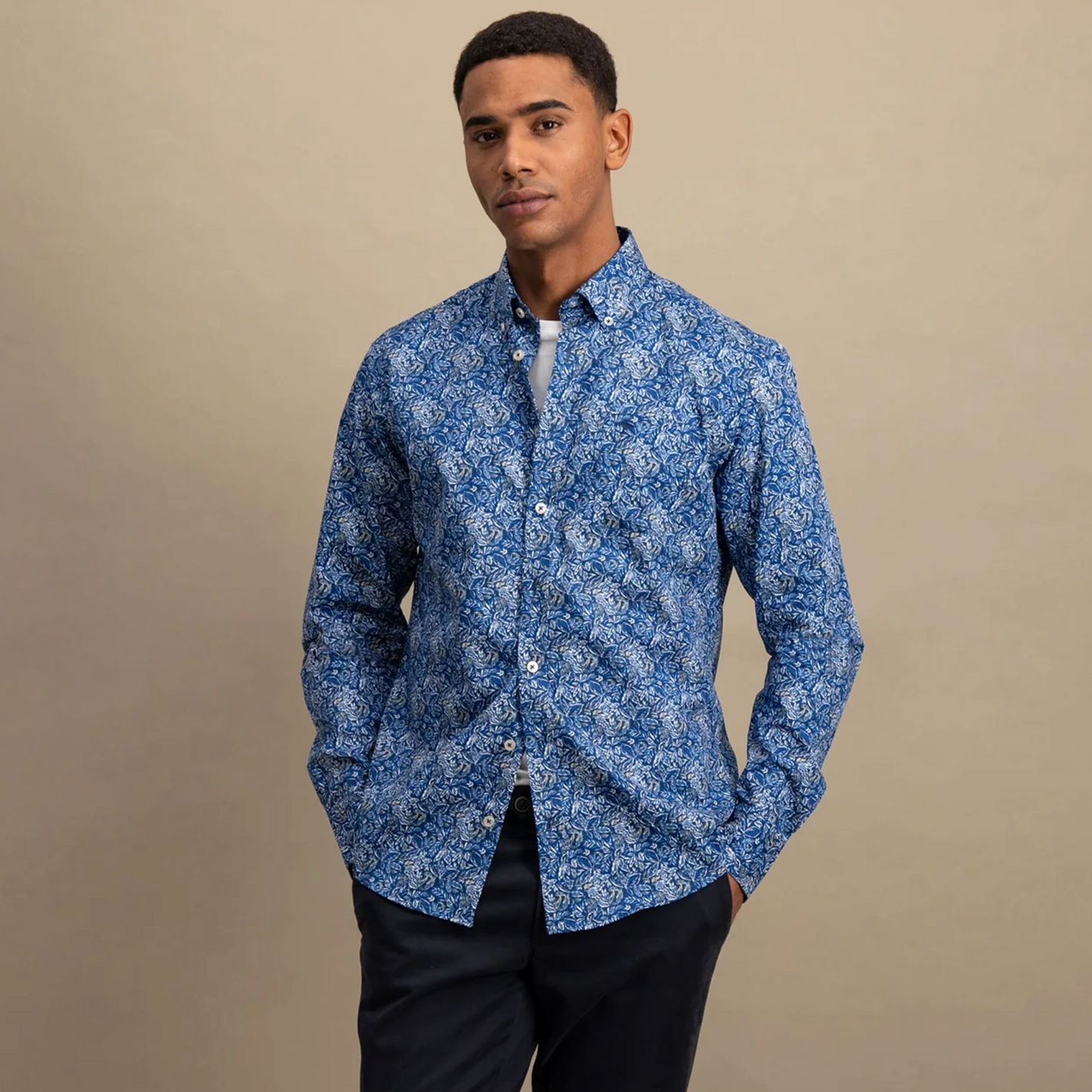 Fynch-Hatton Cotton Floral Print Shirt - Navy