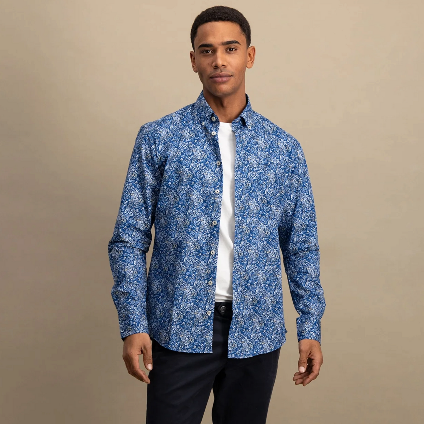 Fynch-Hatton Cotton Floral Print Shirt - Navy