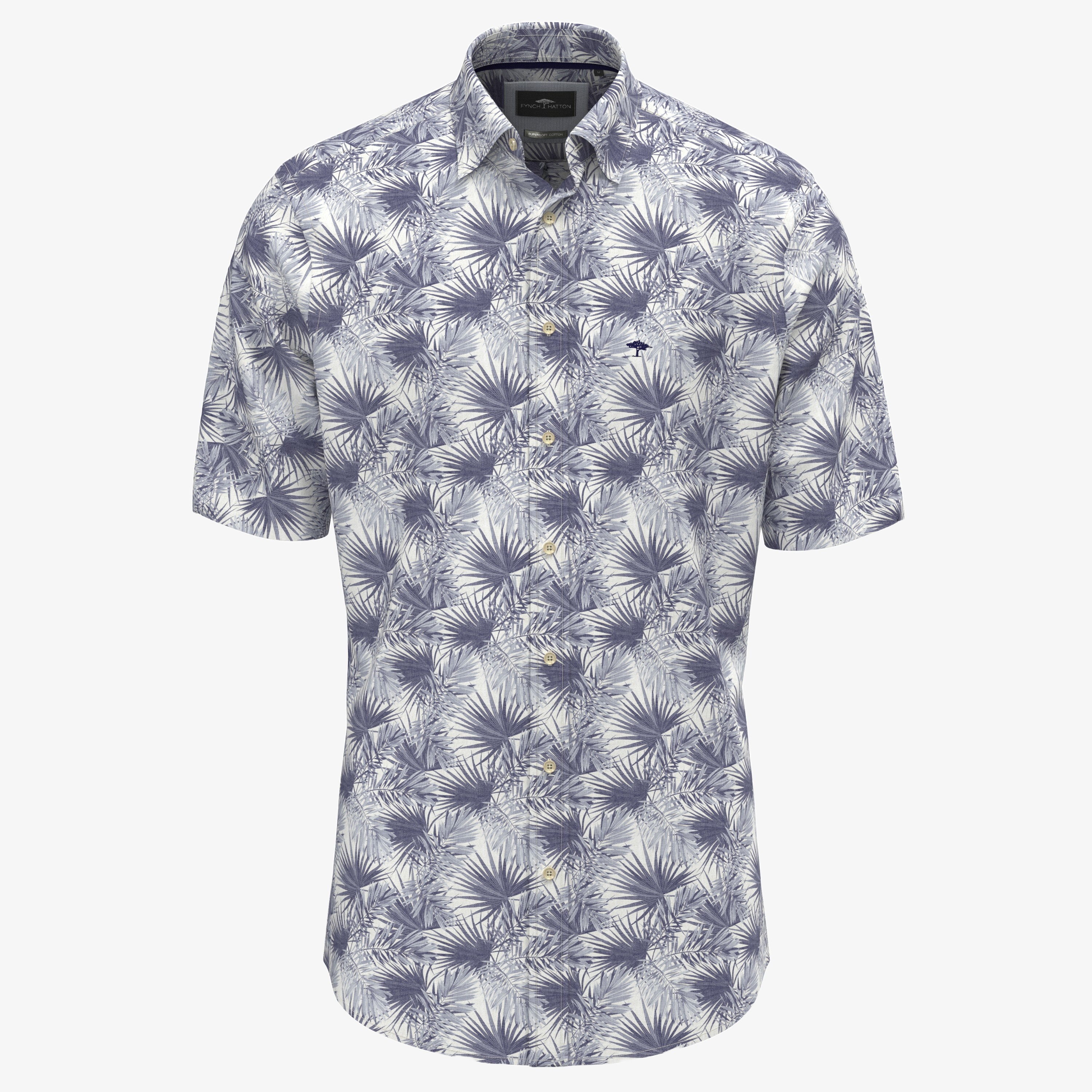 Fynch-Hatton Cotton Poplin Short Sleeve Patterned Shirt - Navy
