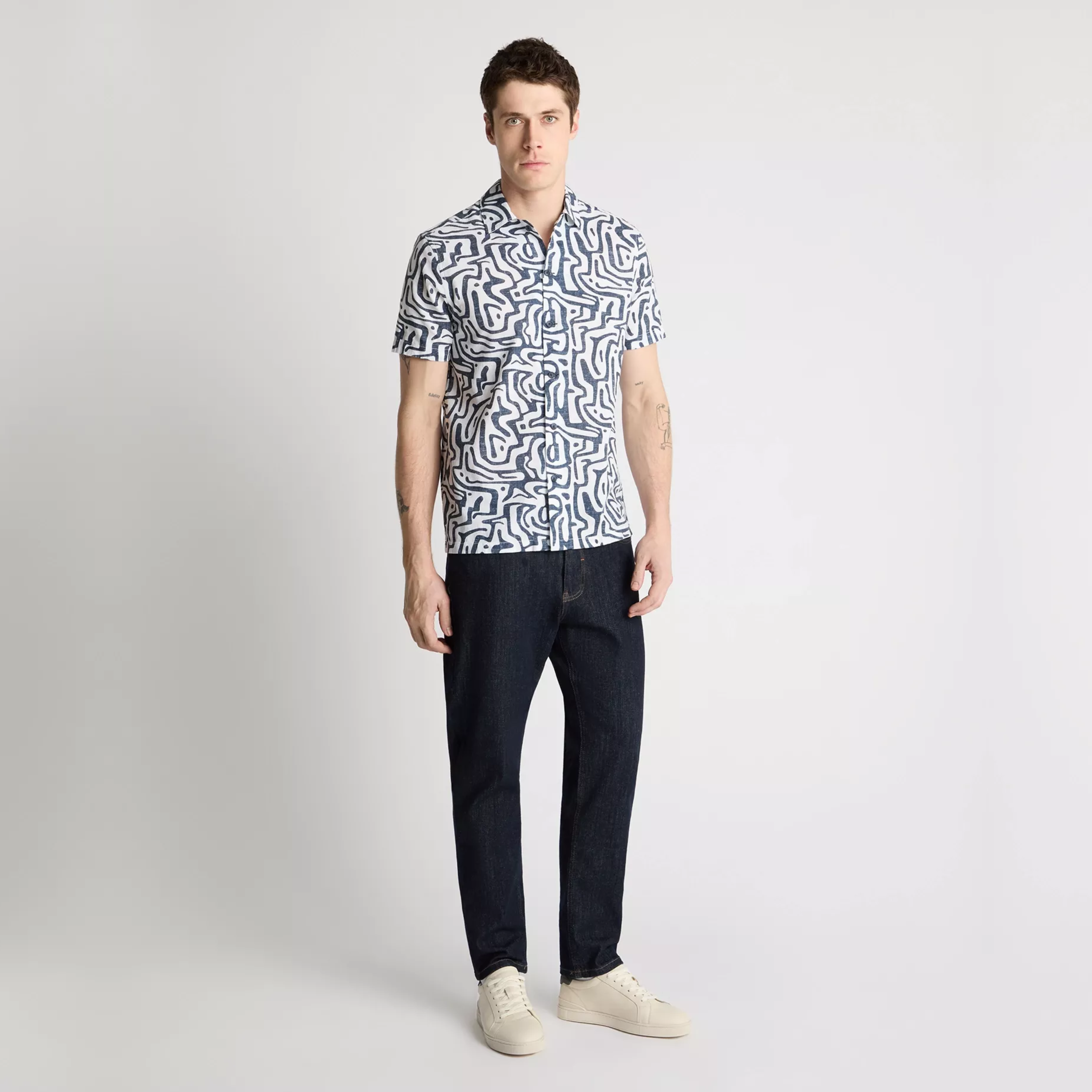Remus Tapered Fit Cotton Linen Print Shirt - Navy
