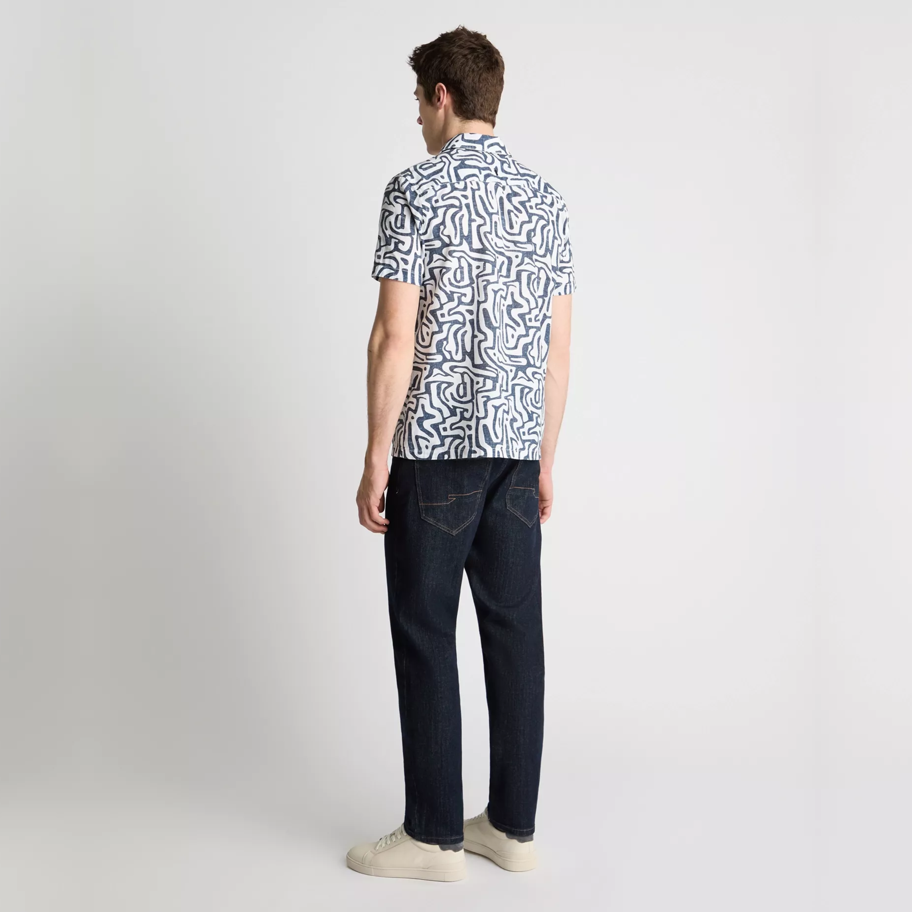 Remus Tapered Fit Cotton Linen Print Shirt - Navy