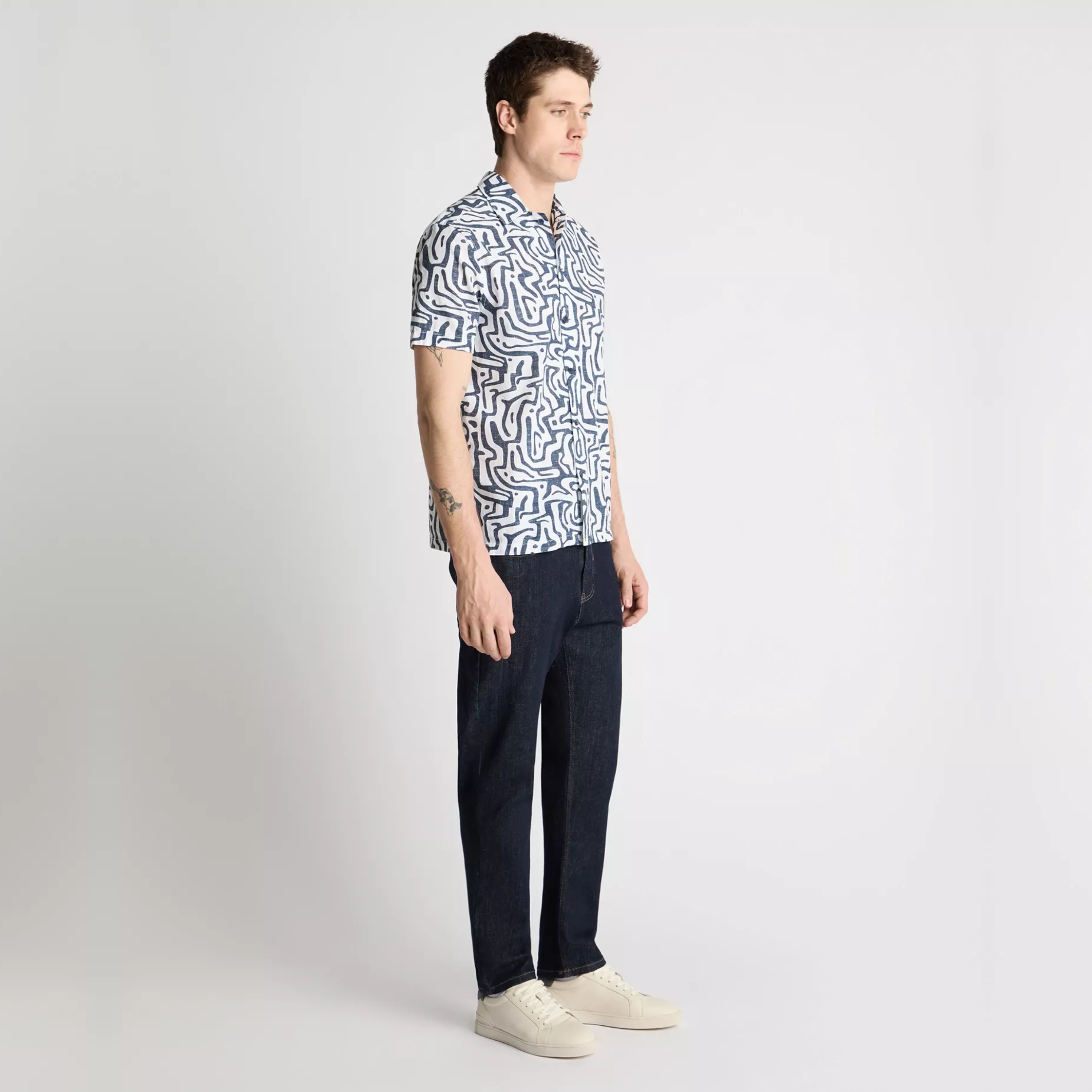 Remus Tapered Fit Cotton Linen Print Shirt - Navy