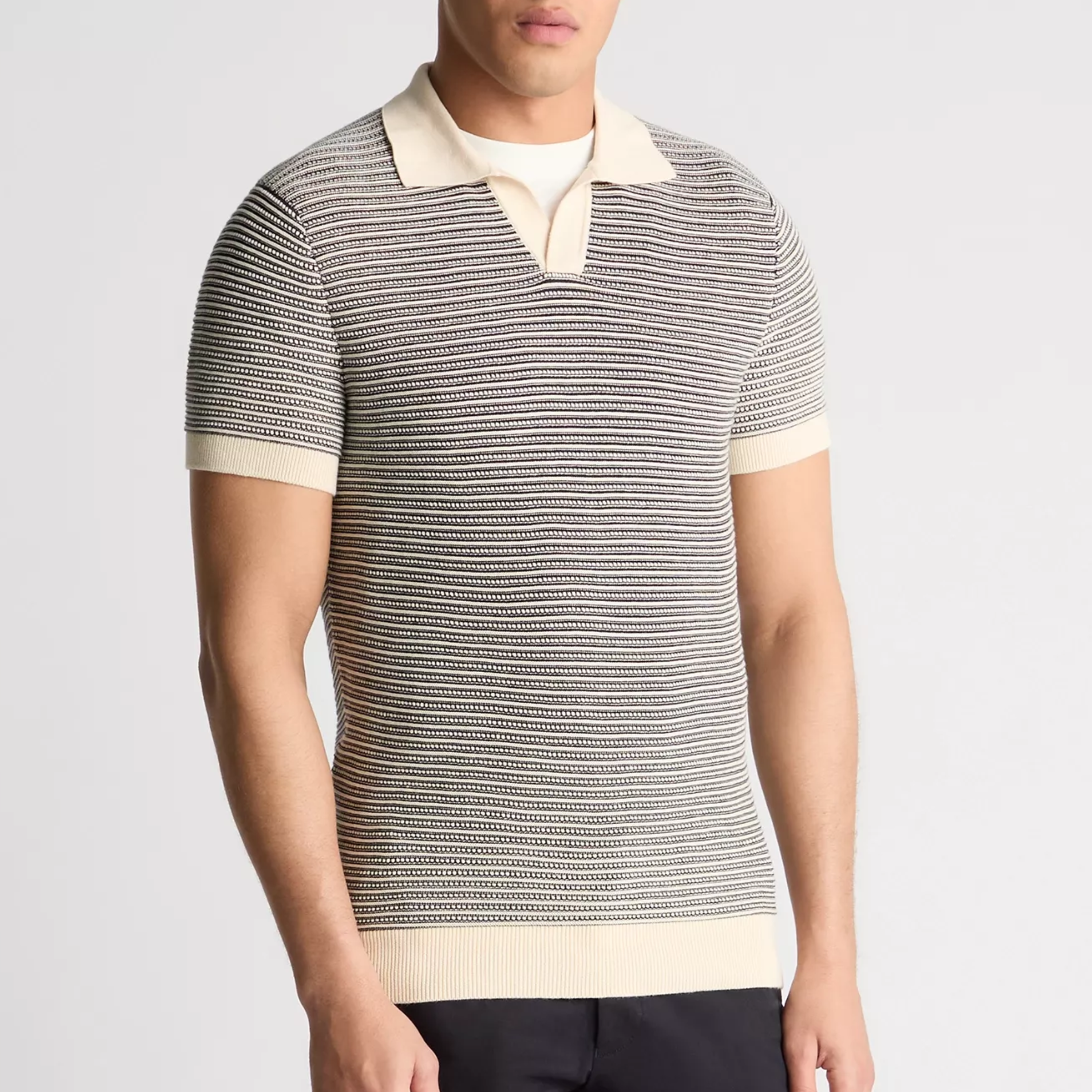 Remus Open Collar Striped Knitted Polo Shirt - Navy