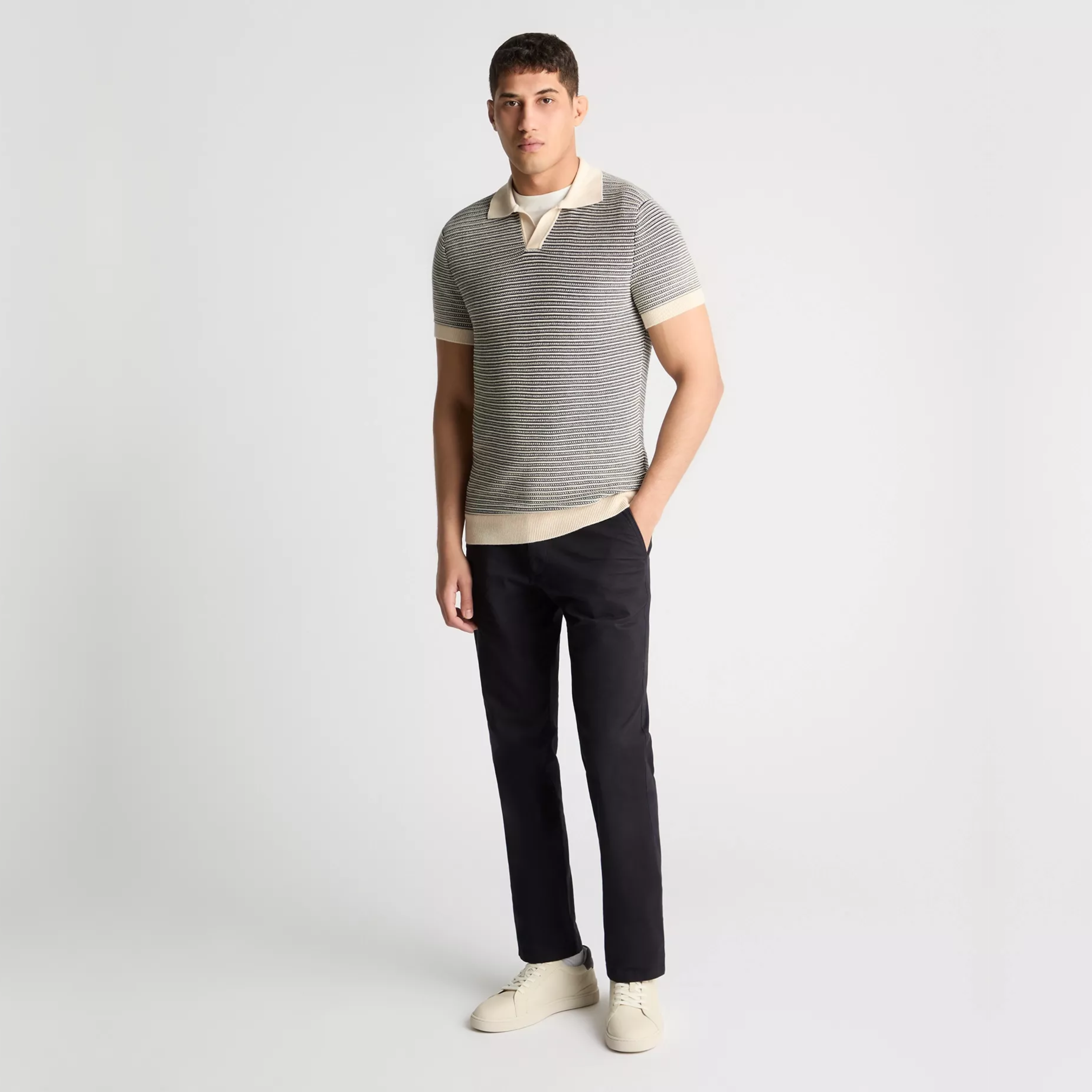Remus Open Collar Striped Knitted Polo Shirt - Navy