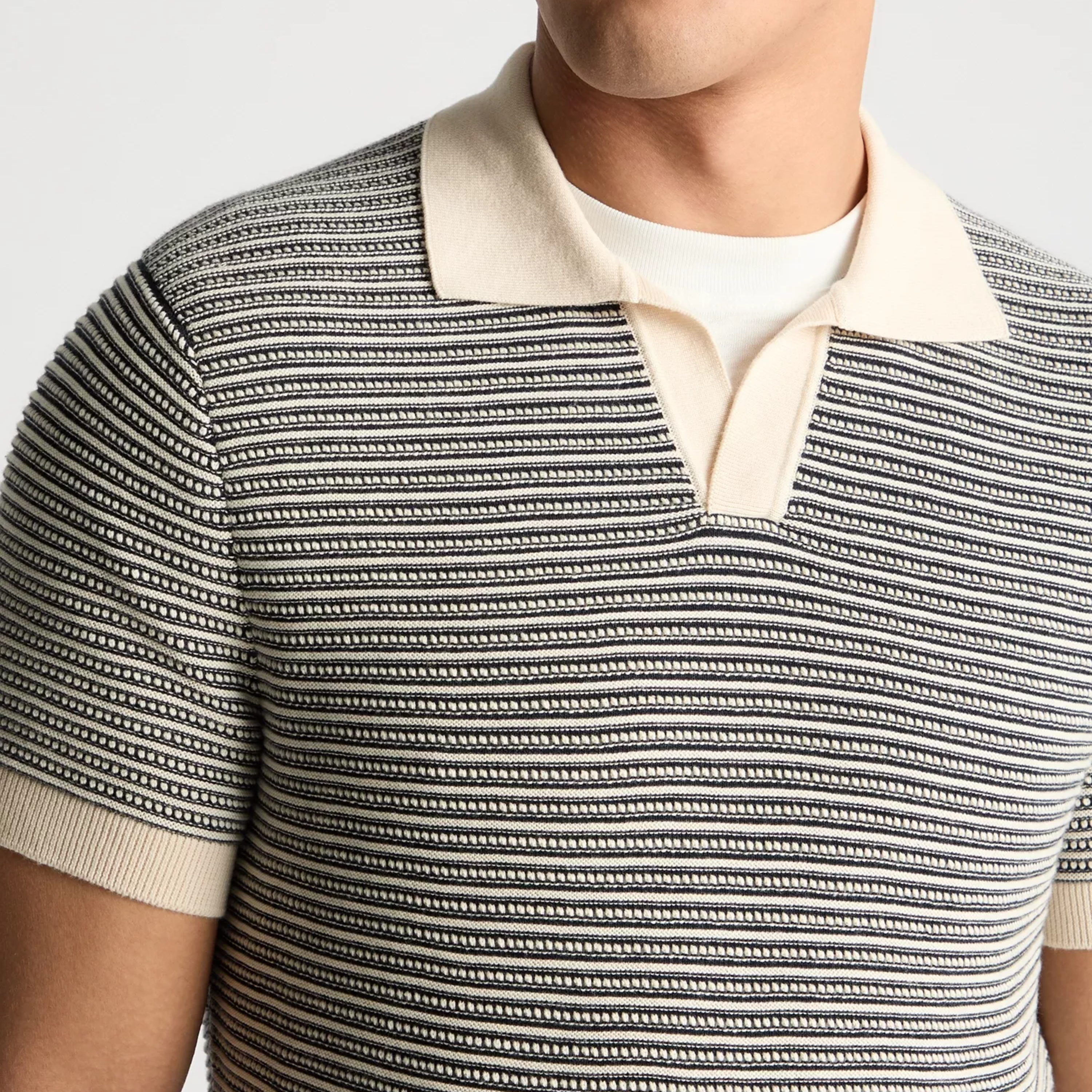 Remus Open Collar Striped Knitted Polo Shirt - Navy