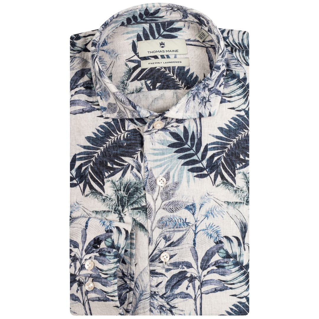 Thomas Maine Linen Tropical Print Shirt - Blue