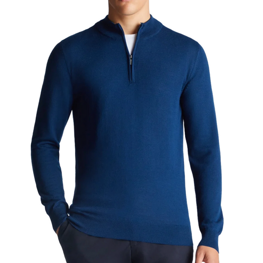 Remus Tapered Fit Merino Wool-Blend Half Zip Sweater - Dark Blue