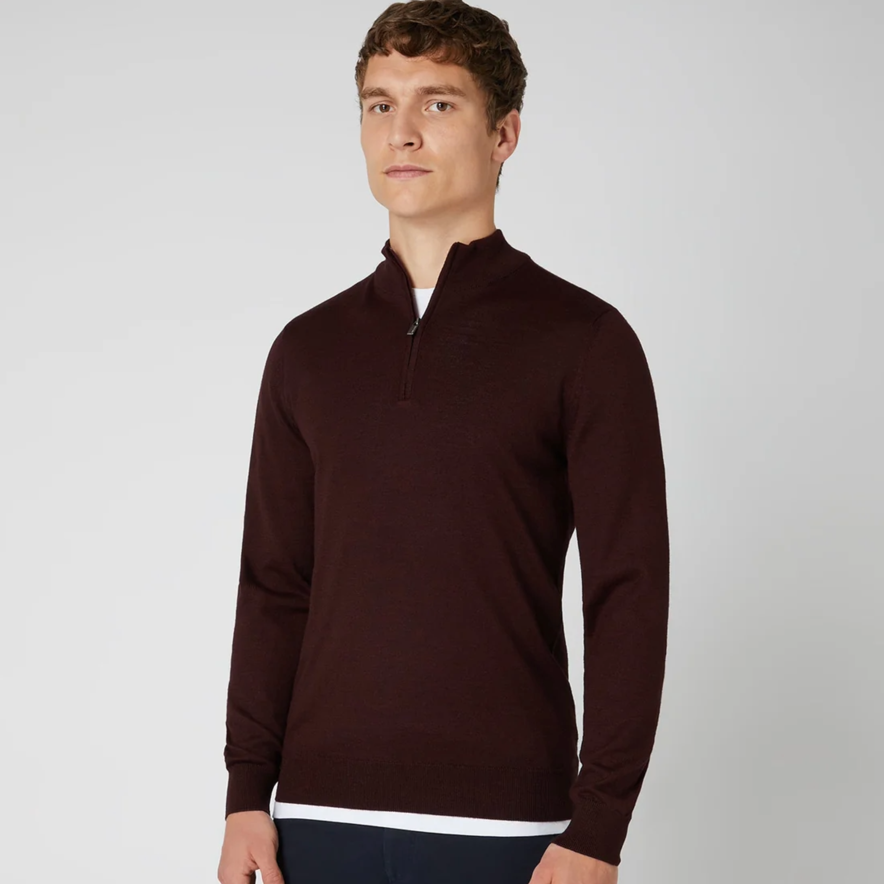 Remus Tapered Fit Merino Wool-Blend Half Zip Sweater - Wine