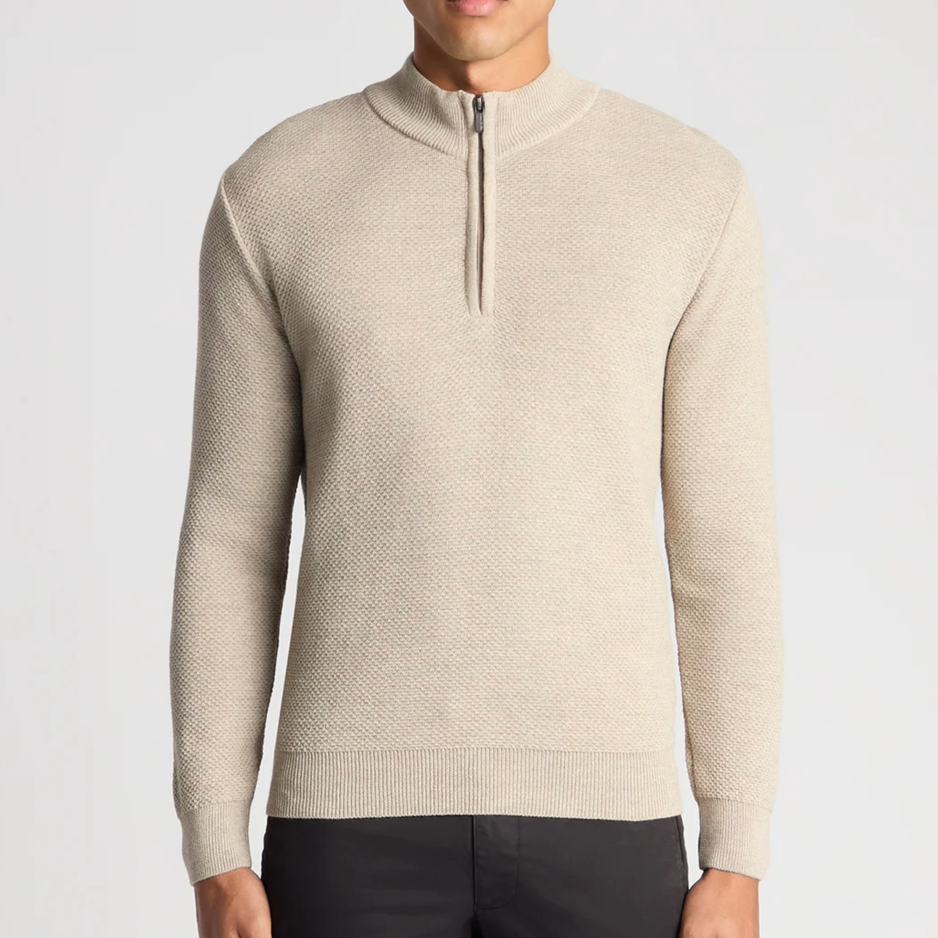 Remus Textured Tapered Fit Merino Half Zip Jumper - Beige