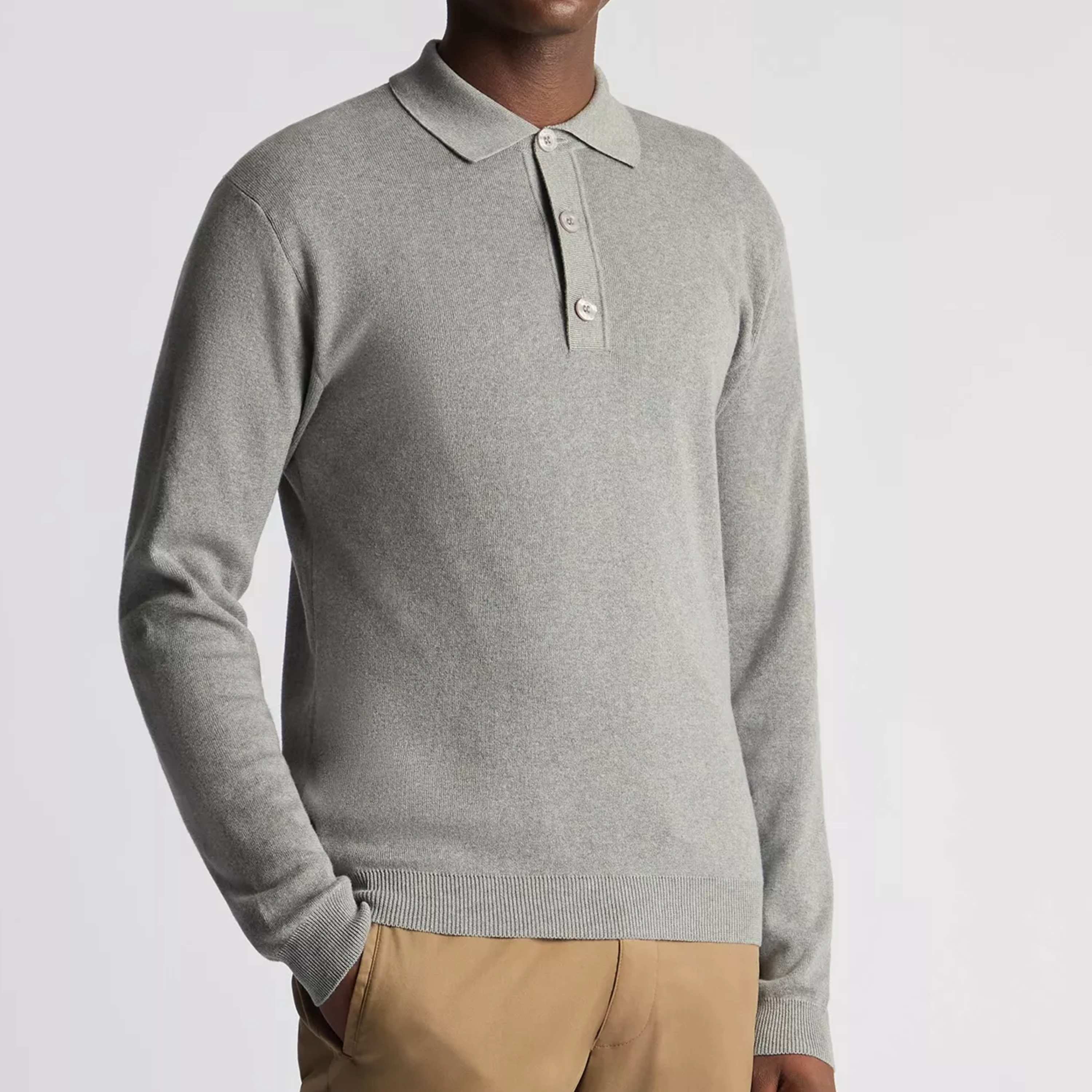 Remus Long Sleeve Cotton Knit Polo - Light Grey