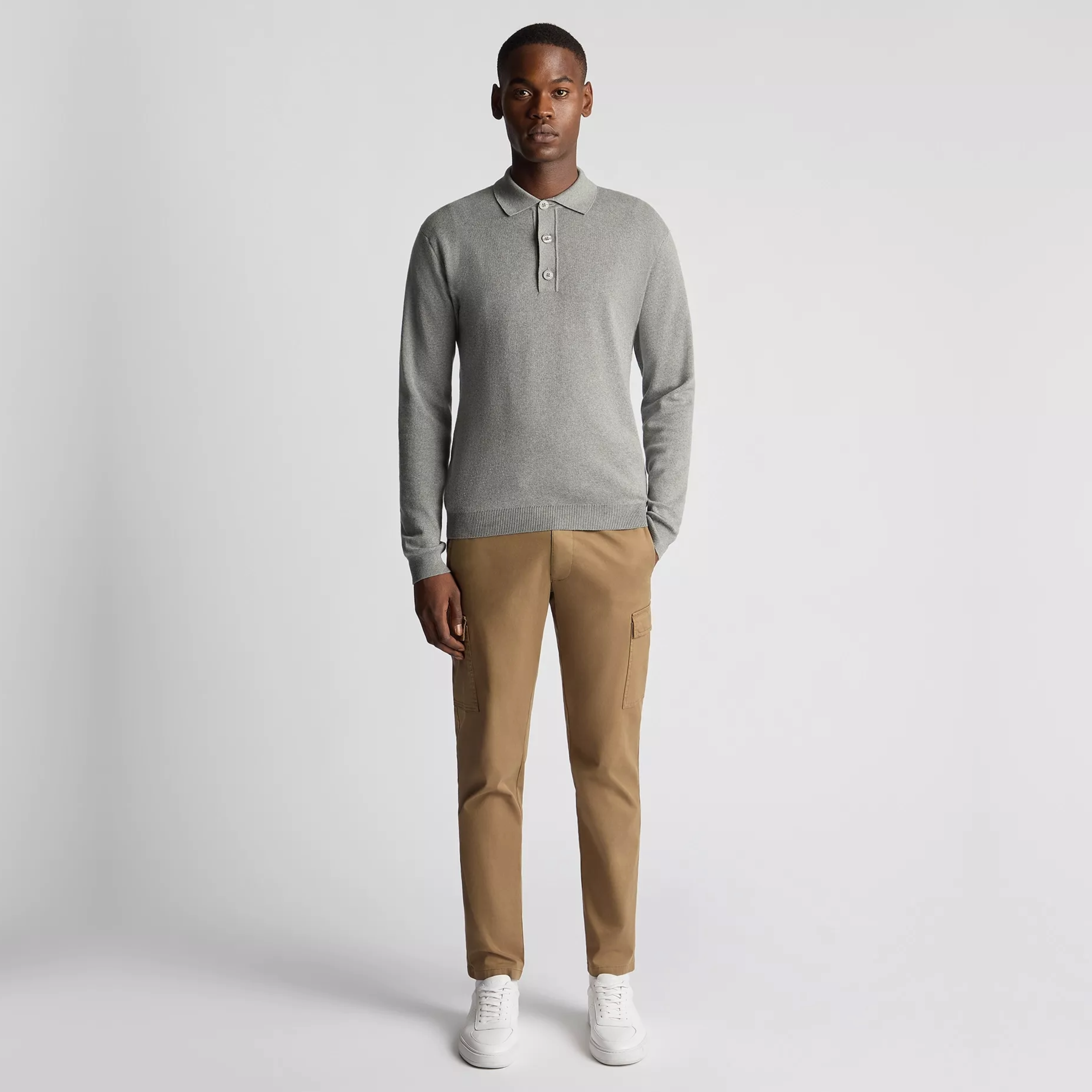 Remus Long Sleeve Cotton Knit Polo - Light Grey