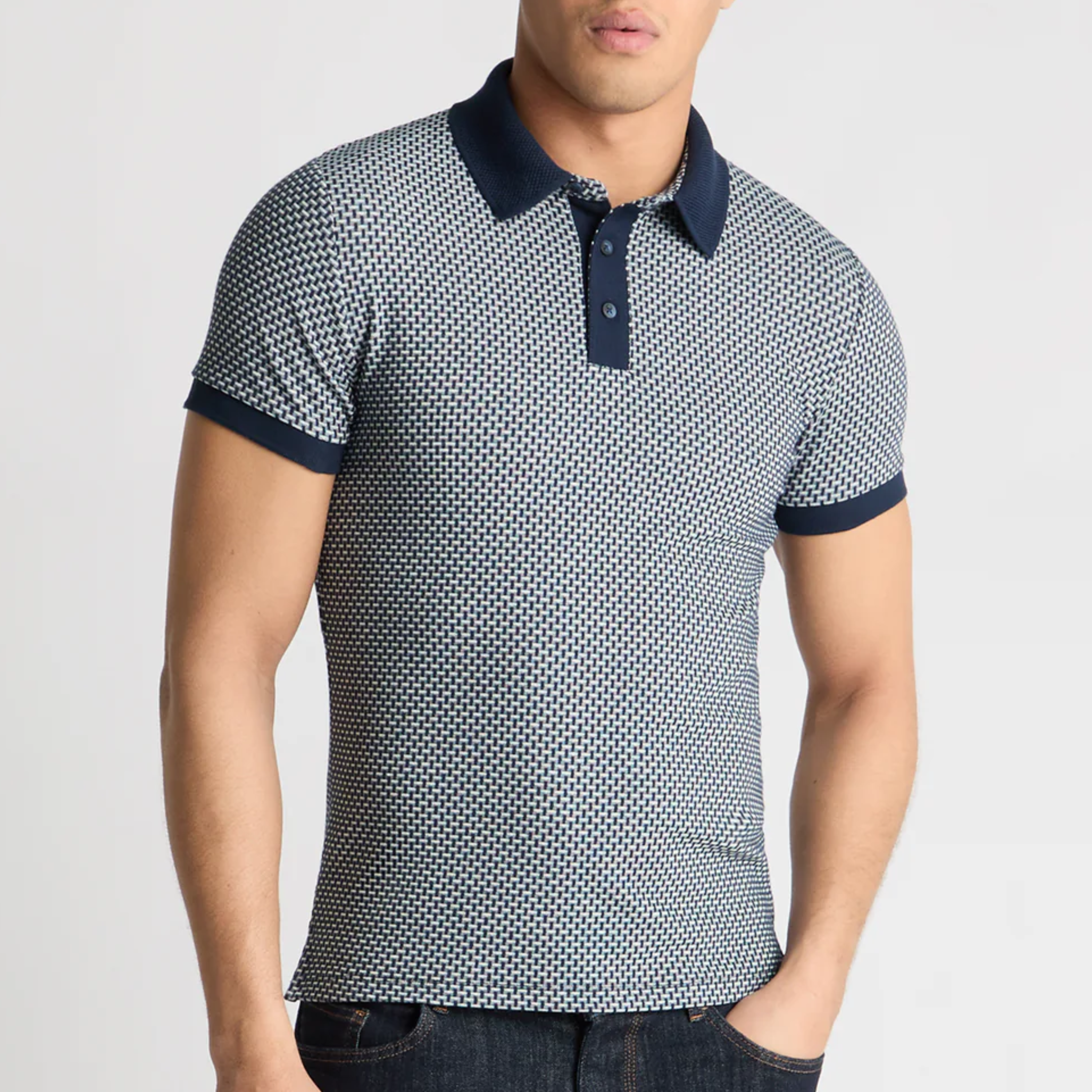 Remus Basket Weave Short Sleeve Polo Shirt - Navy