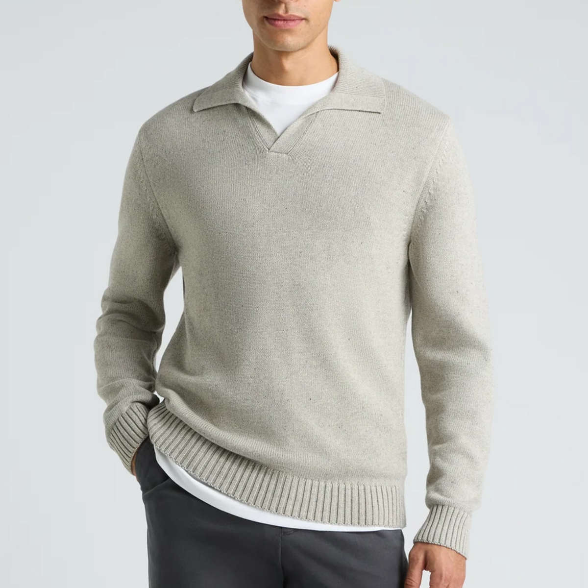 Remus Collared V Neck Cotton Jumper - Light Grey