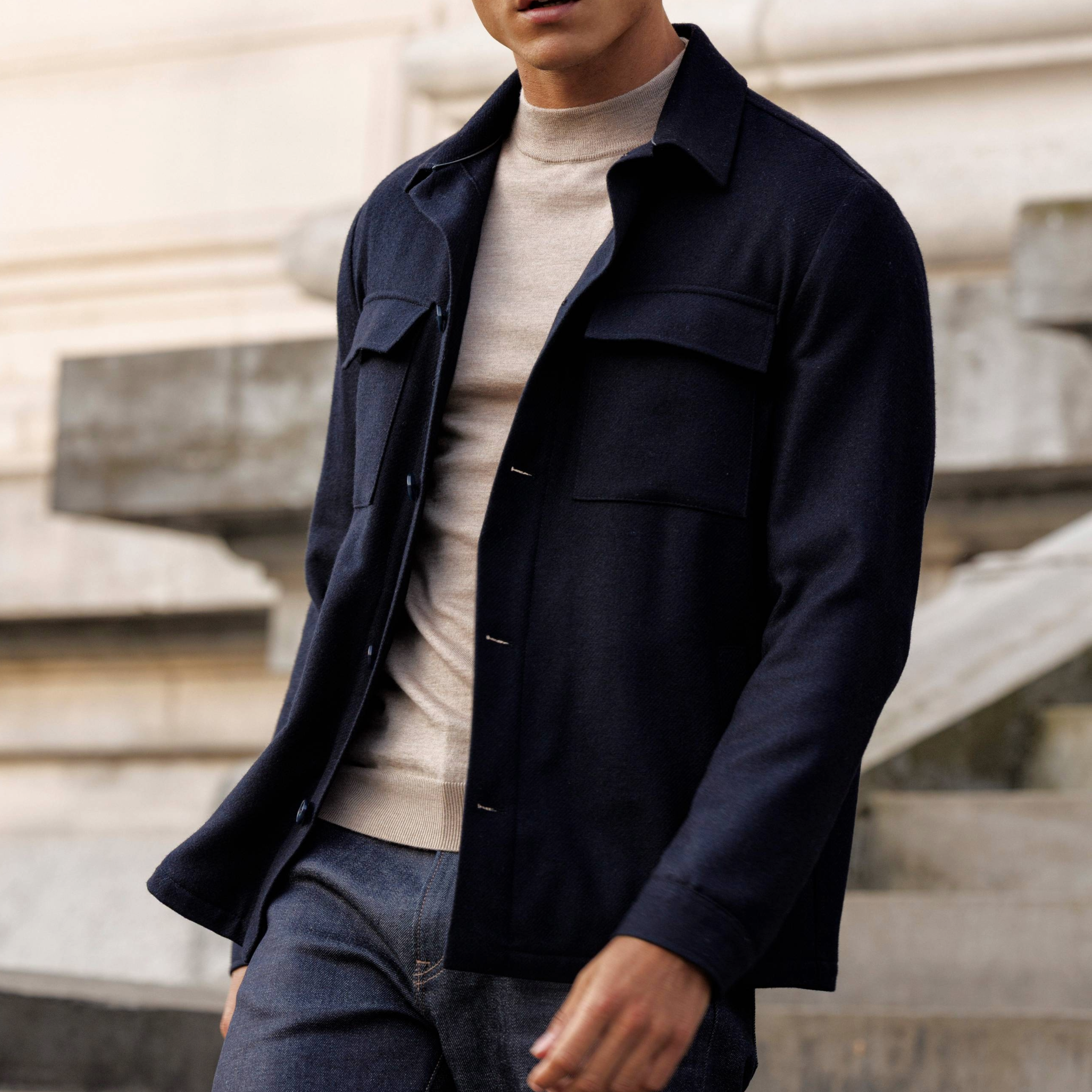 Thomas Maine Manzo Wool Blend Overshirt - Navy