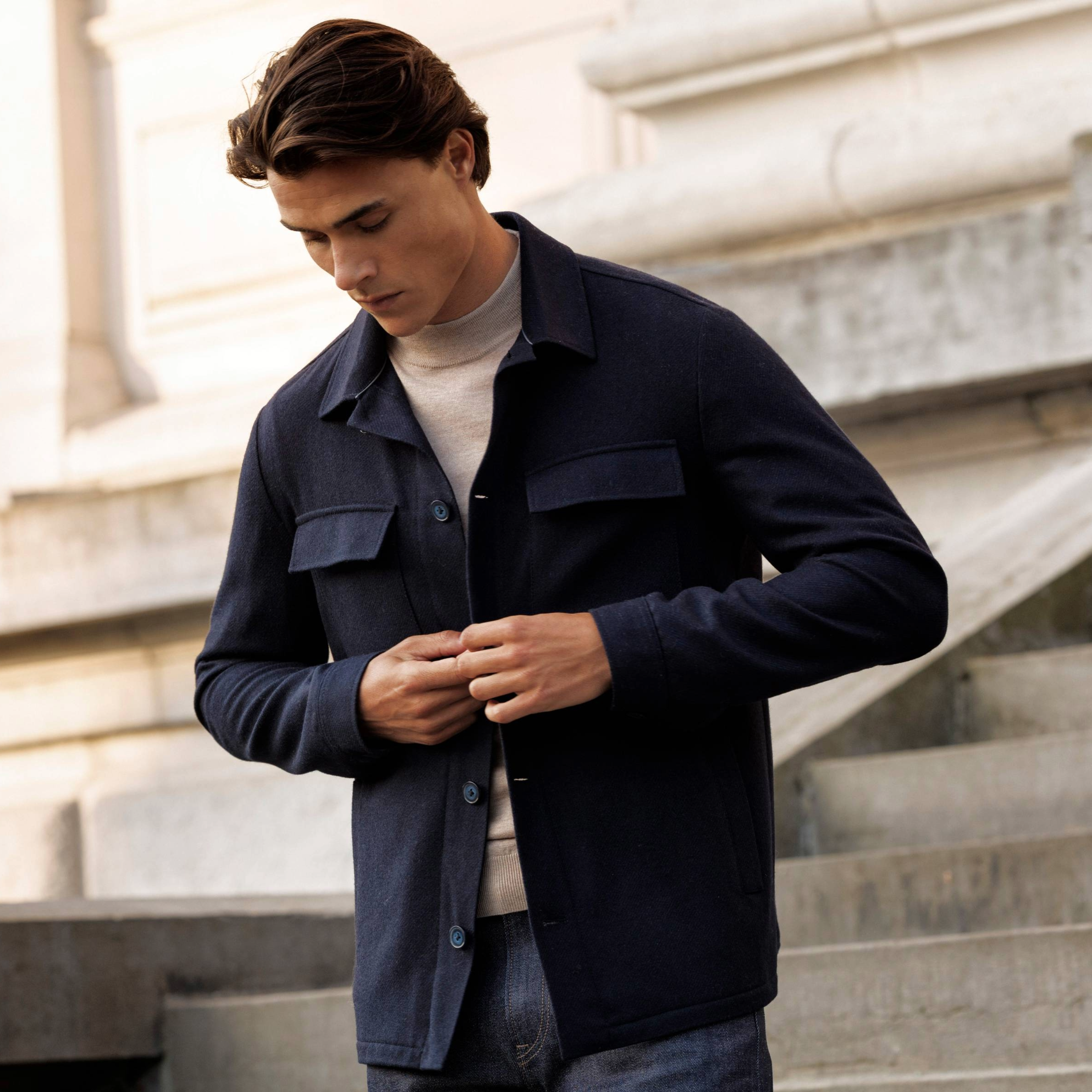 Thomas Maine Manzo Wool Blend Overshirt - Navy