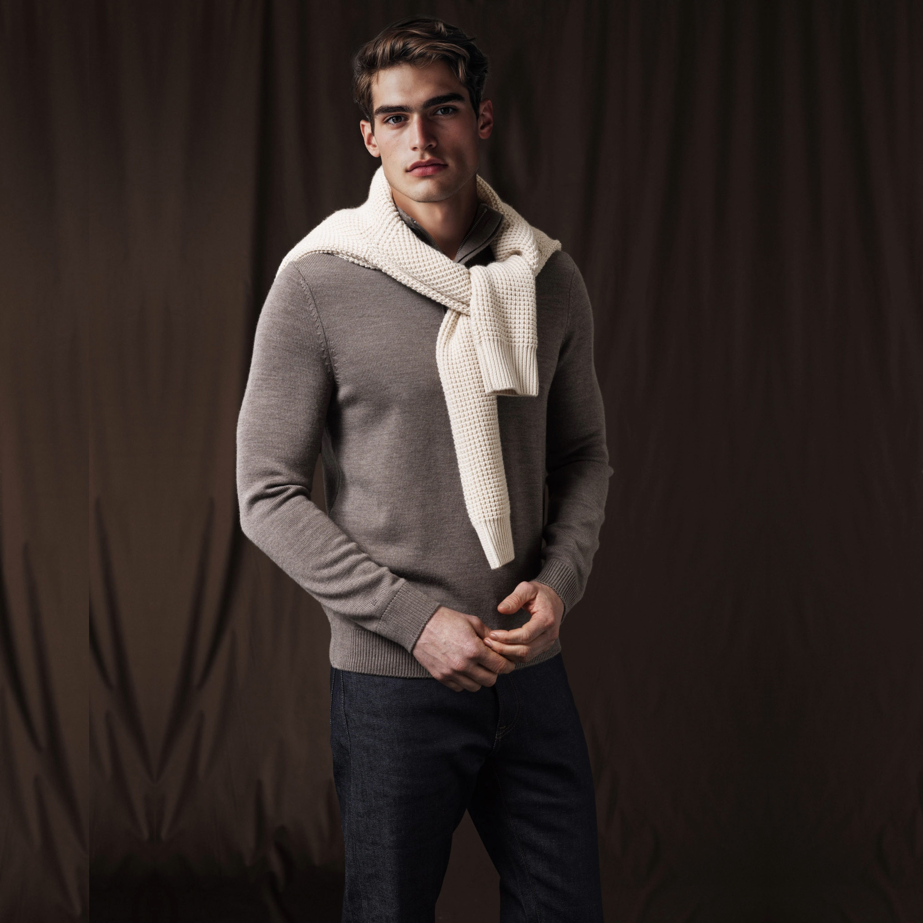 Thomas Maine Merino Half Zip Jumper - Taupe