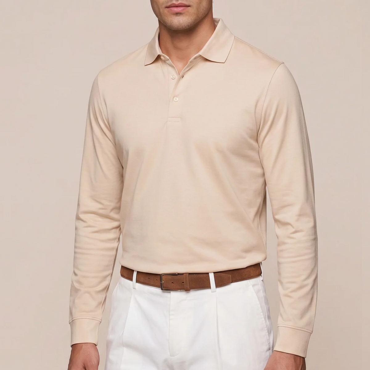 Thomas Maine Liquid Cotton Long Sleeve Polo Shirt - Sand