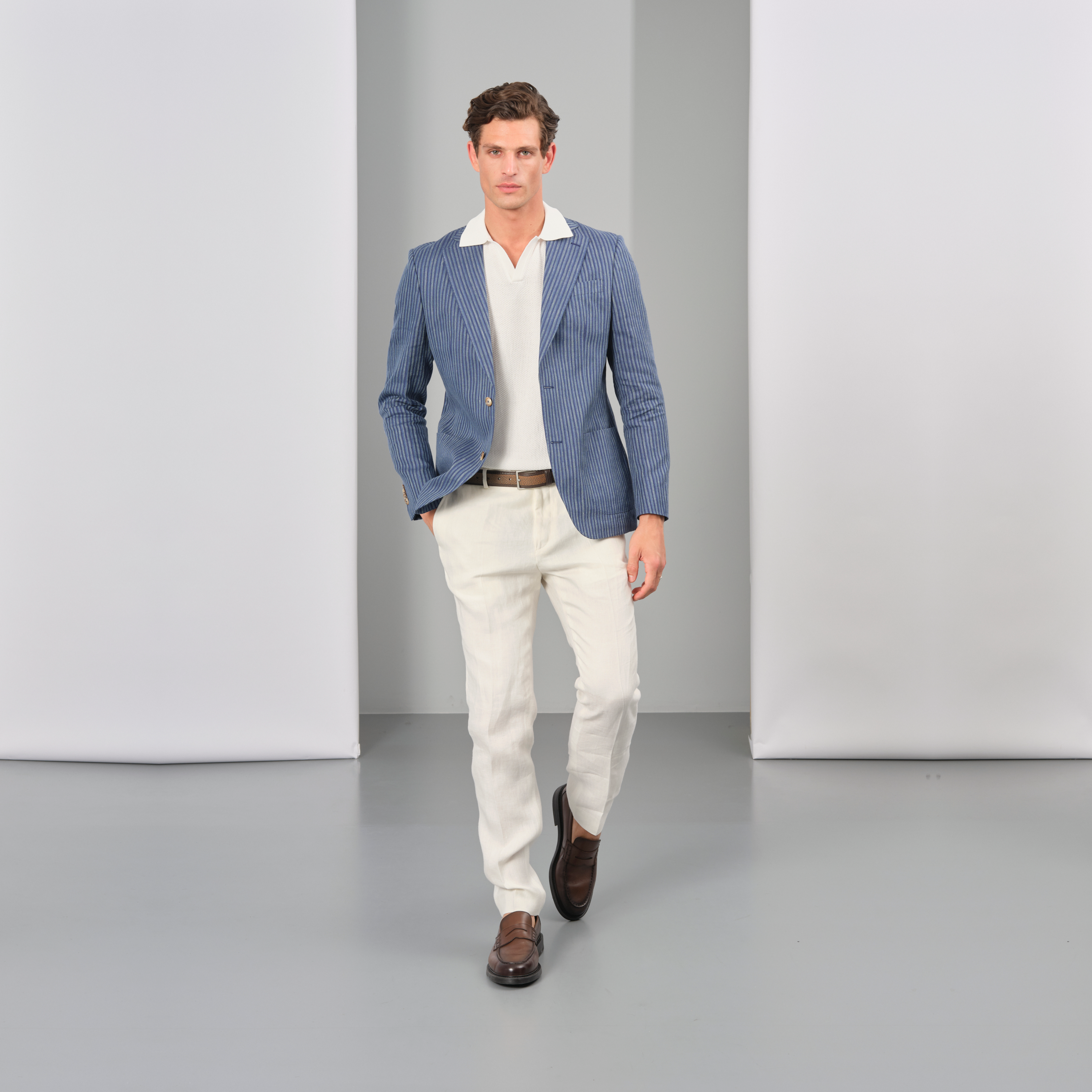 Sand Cotton Structured Open Collar Knitted Polo - White