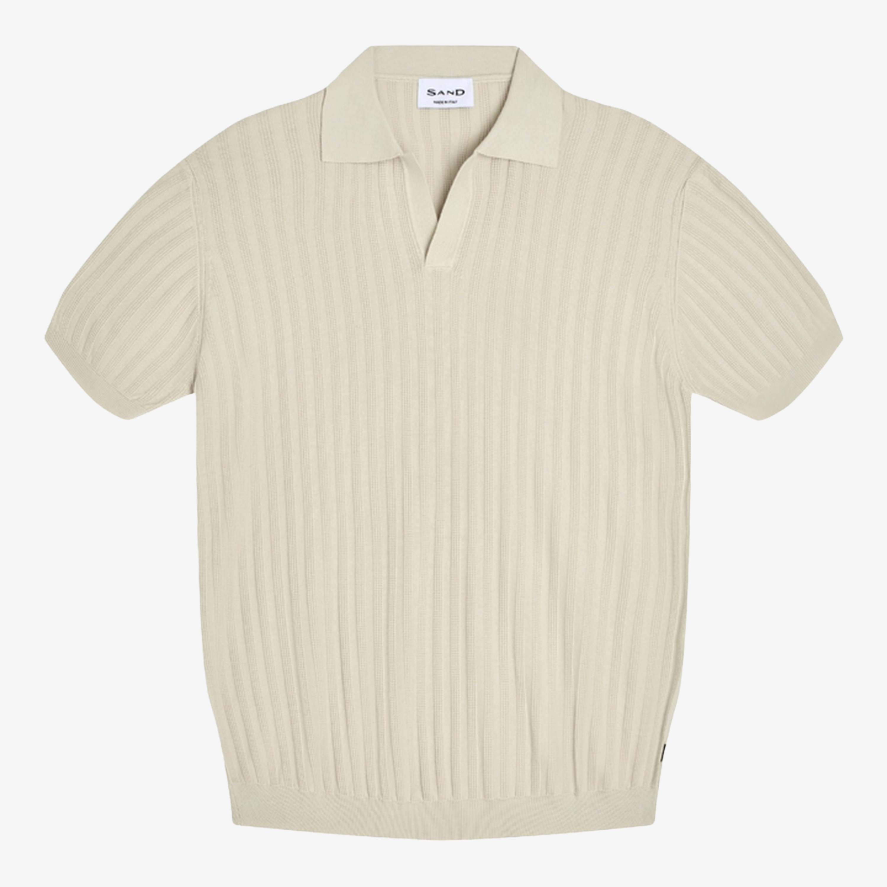 Sand Cotton Knitted Open Neck Polo Shirt - Beige