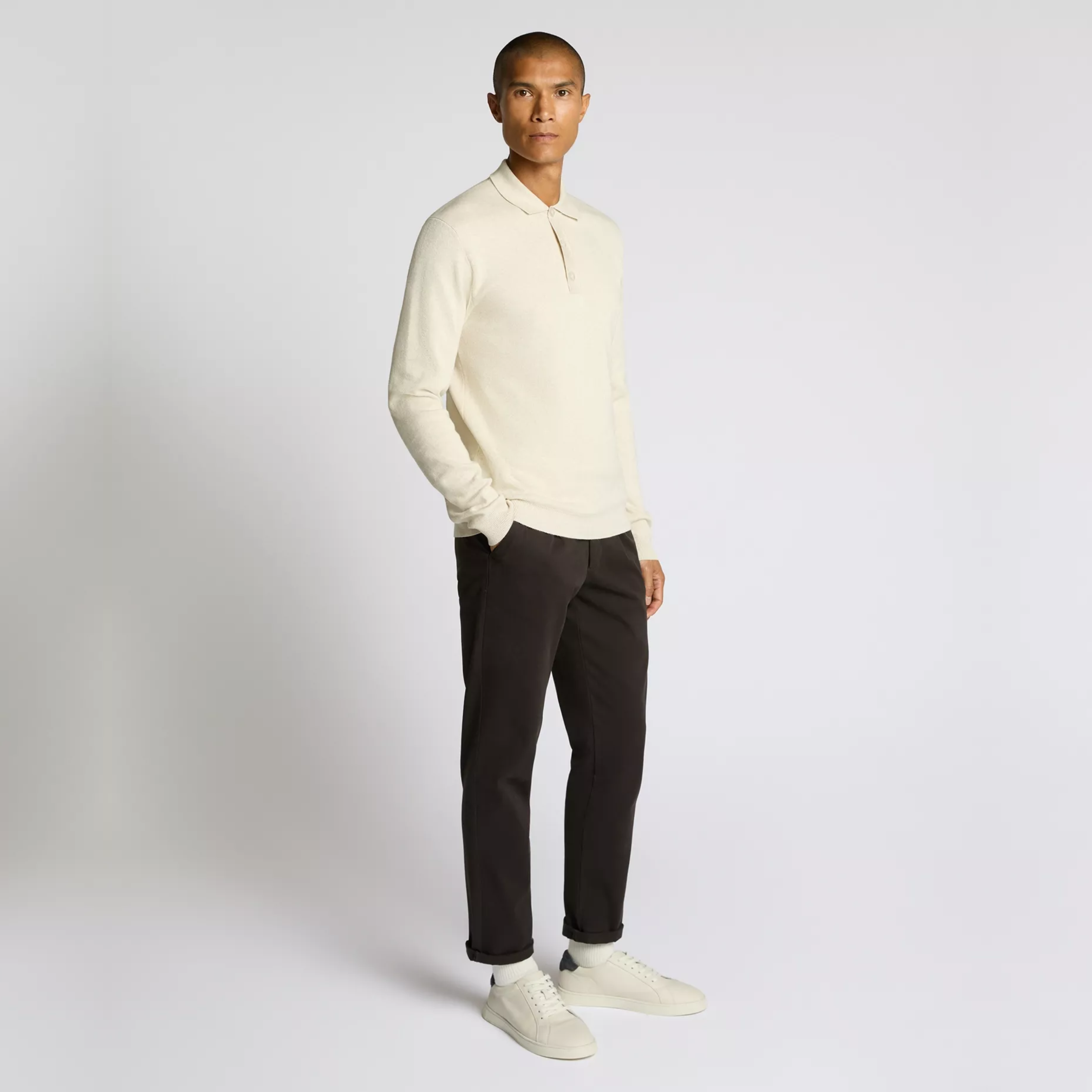 Remus Button Up Cotton Knitted Polo - Cream