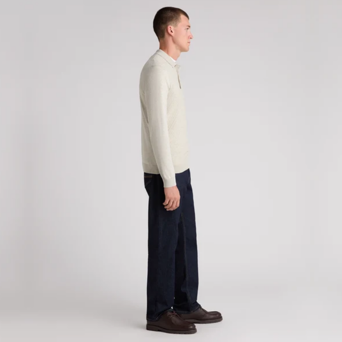 Remus Textured Knitted Long Sleeve Polo Shirt - Ecru