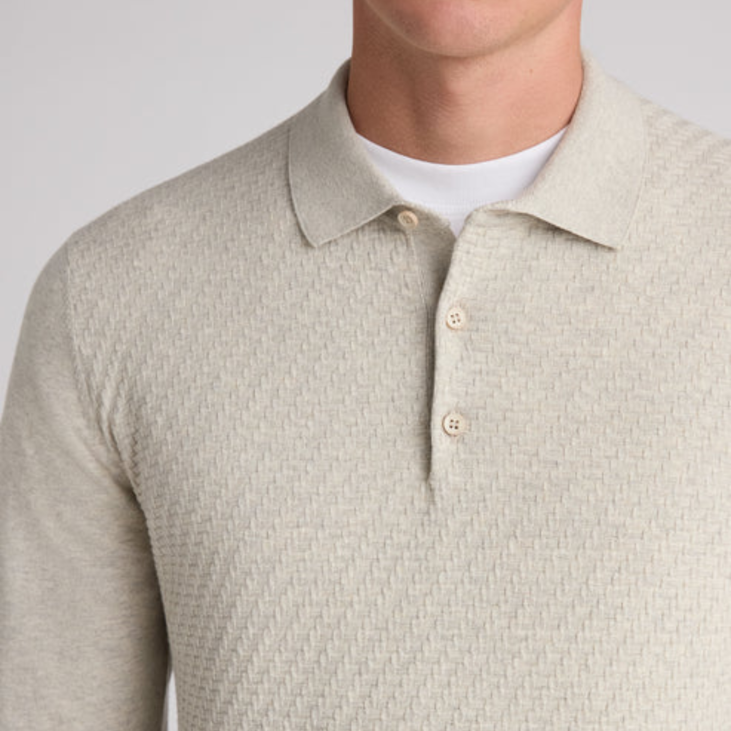 Remus Textured Knitted Long Sleeve Polo Shirt - Ecru