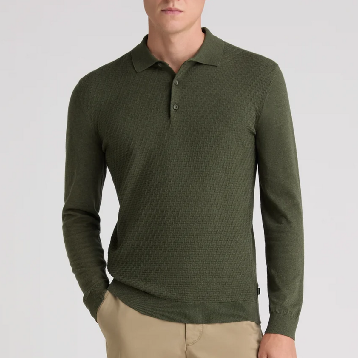 Remus Textured Knitted Long Sleeve Polo Shirt - Green