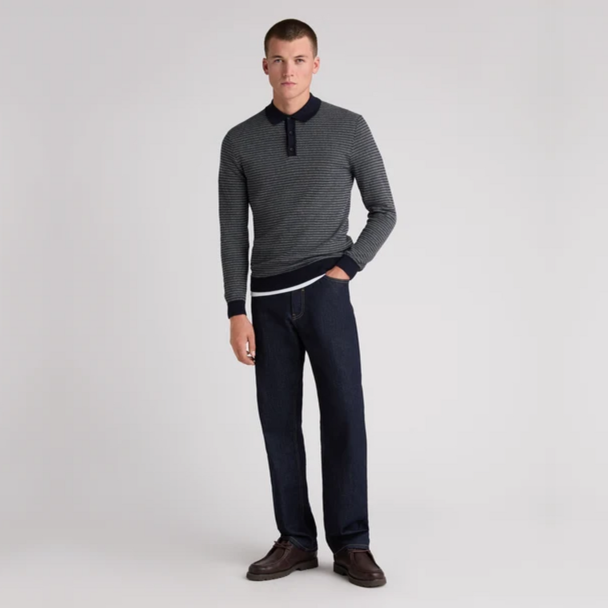 Remus Textured Long Sleeve Cotton Polo Shirt - Navy