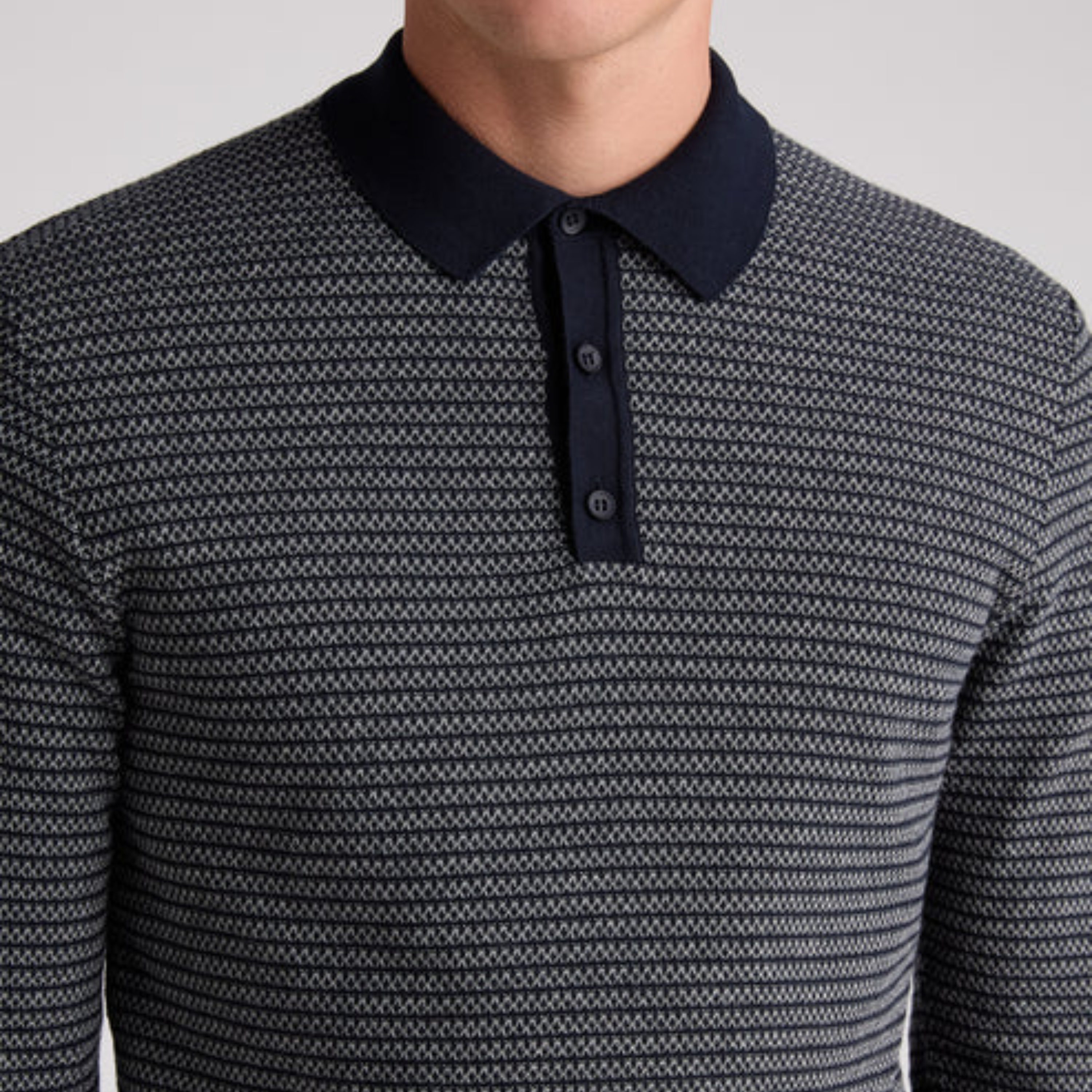 Remus Textured Long Sleeve Cotton Polo Shirt - Navy