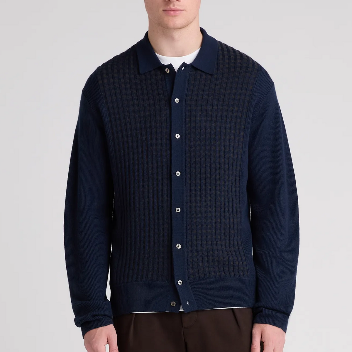 Remus Panelled Wool Blend Knitted Cardigan - Navy