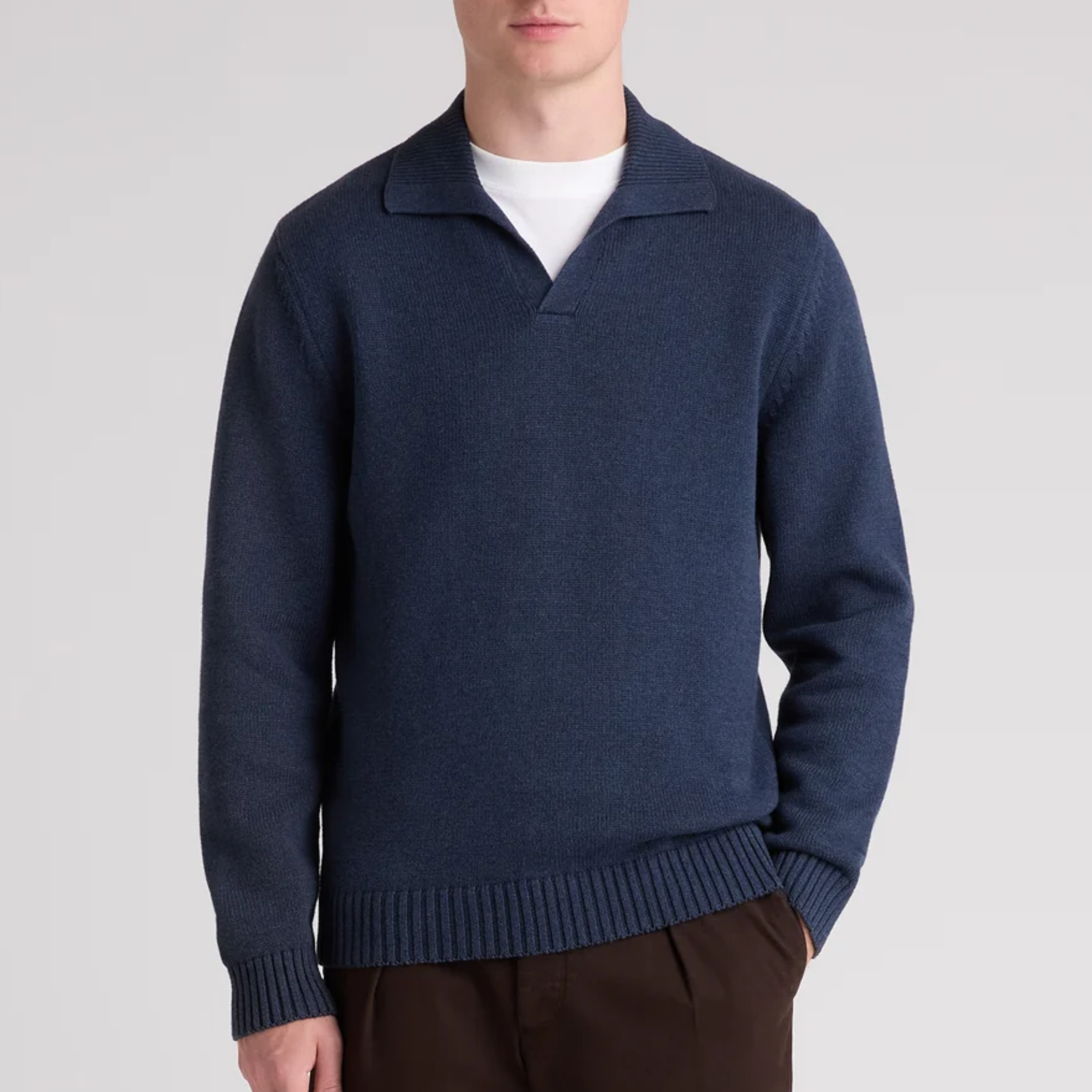Remus Collared V Neck Cotton Jumper - Navy