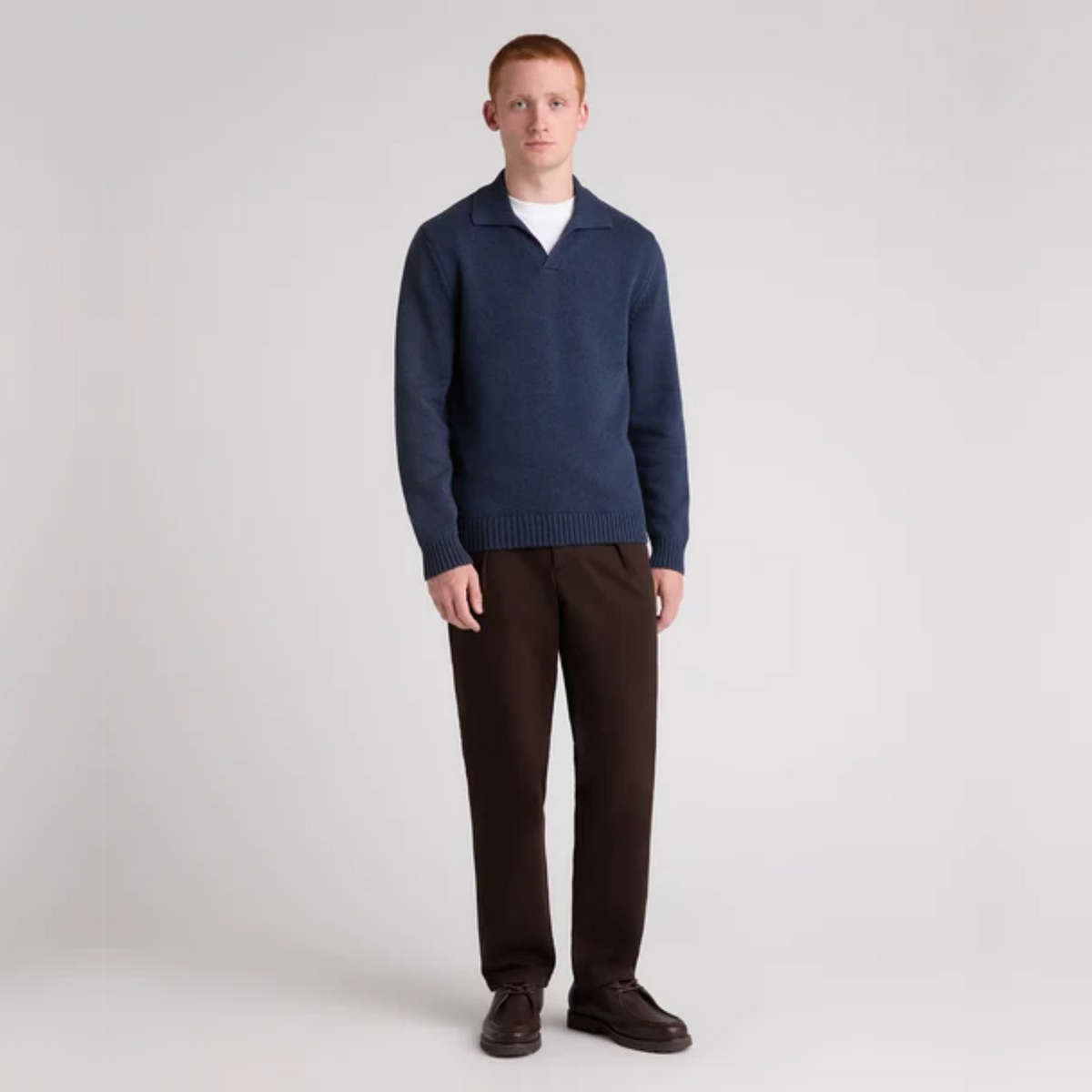 Remus Collared V Neck Cotton Jumper - Navy