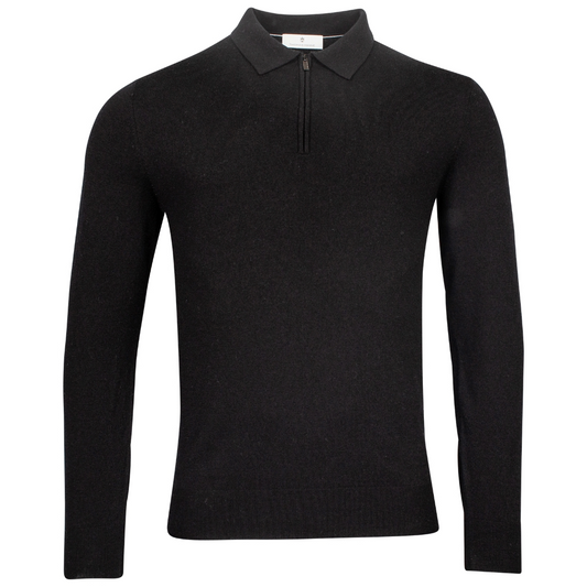 Thomas Maine Merino Wool Half Zip Polo - Black