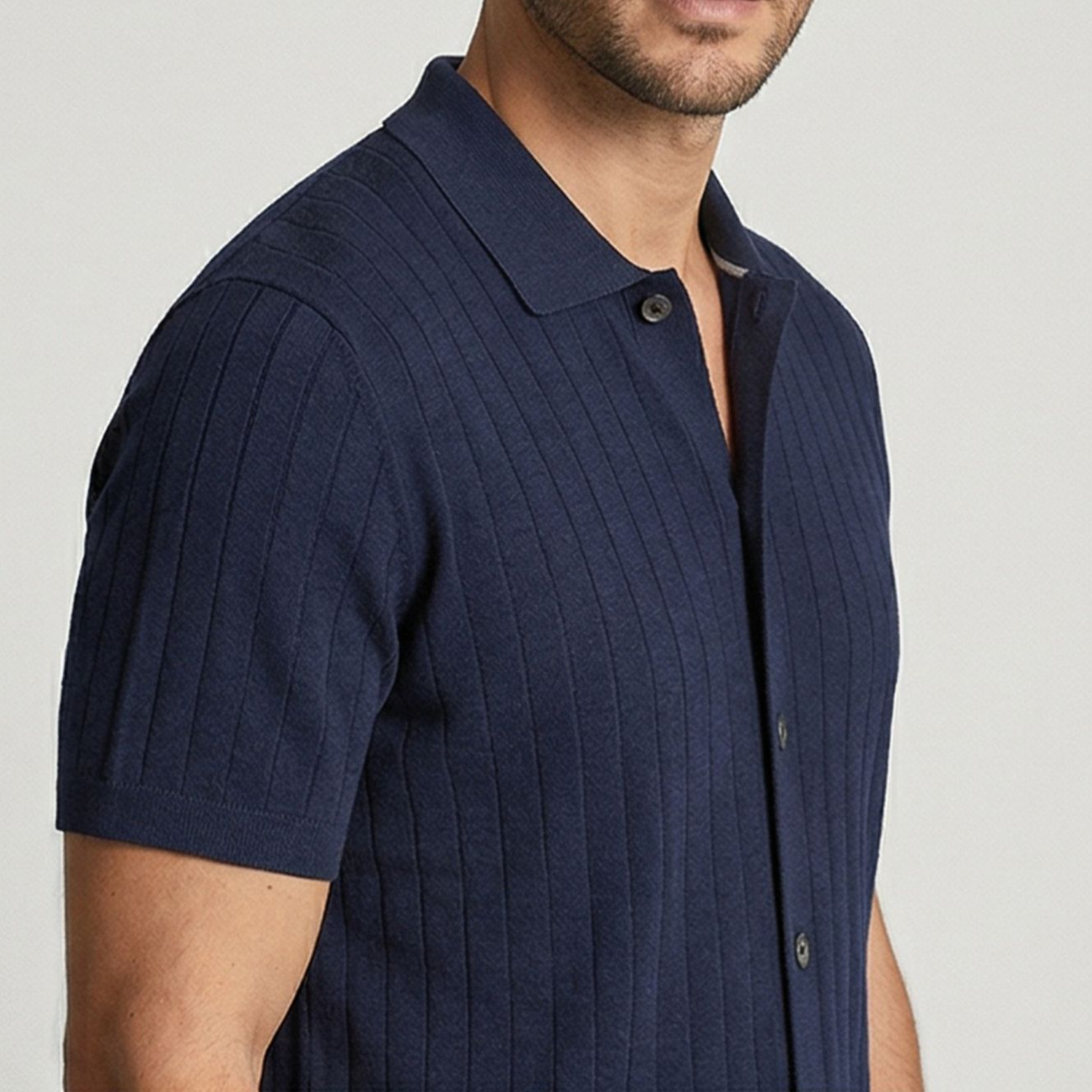 Thomas Maine Ribbed Knitted Short Sleeve Shirt - Navy