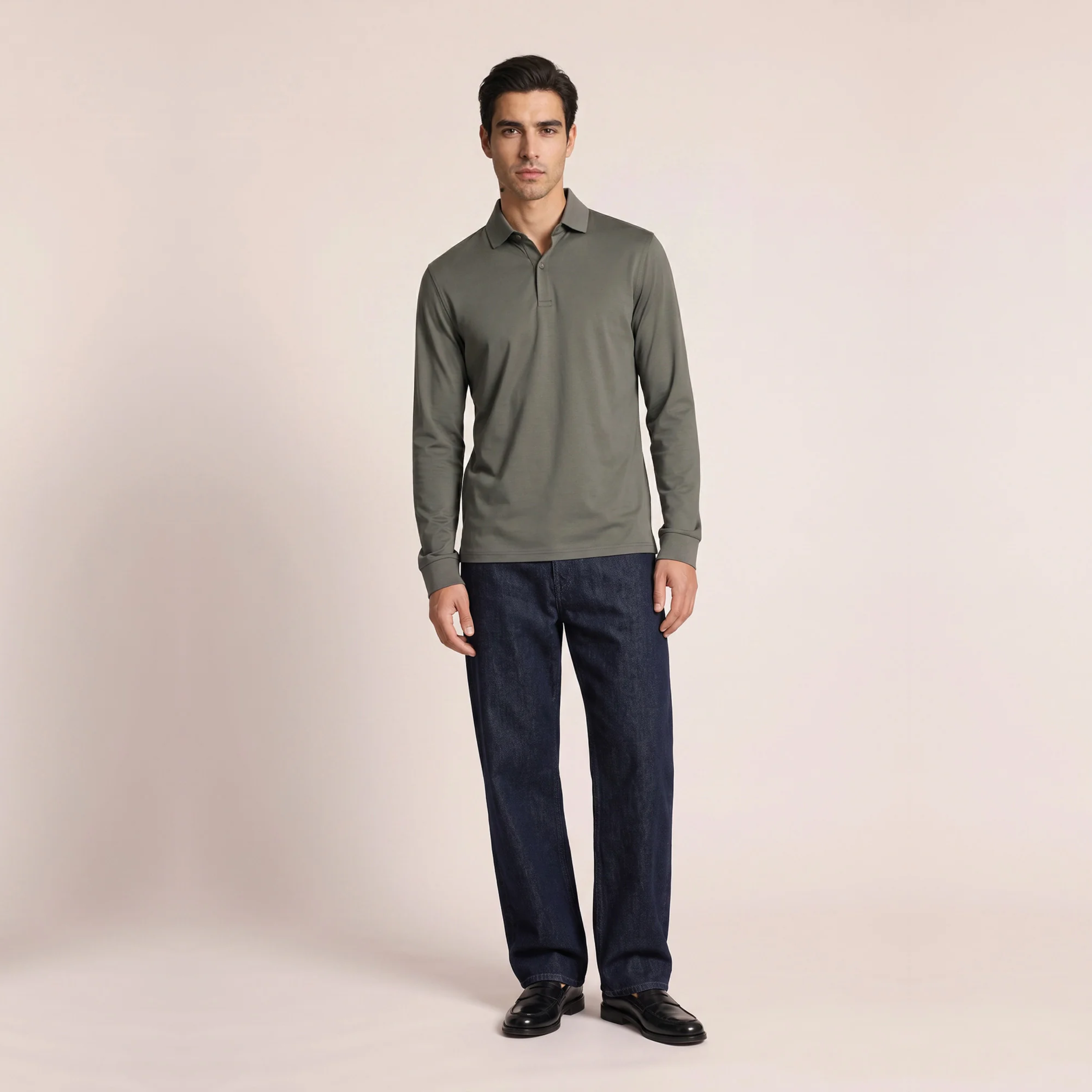 Thomas Maine Liquid Cotton Long Sleeve Polo Shirt - Soft Green