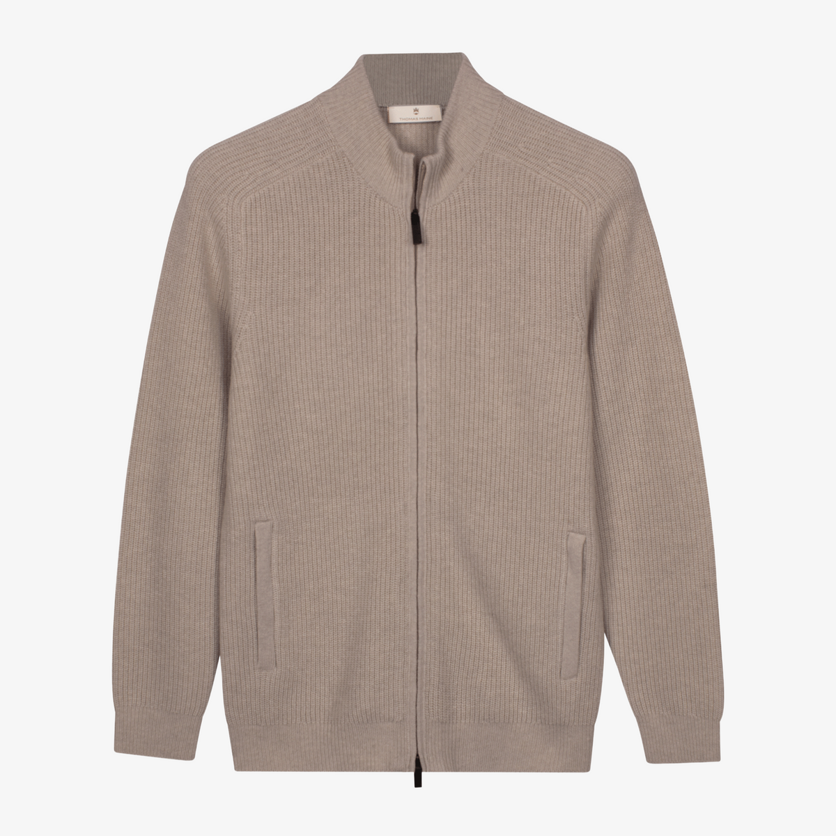 Thomas Maine Lambswool Ribbed Knitted Zip Cardigan - Taupe Melange