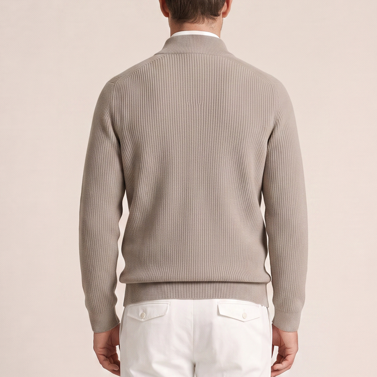 Thomas Maine Lambswool Ribbed Knitted Zip Cardigan - Taupe Melange