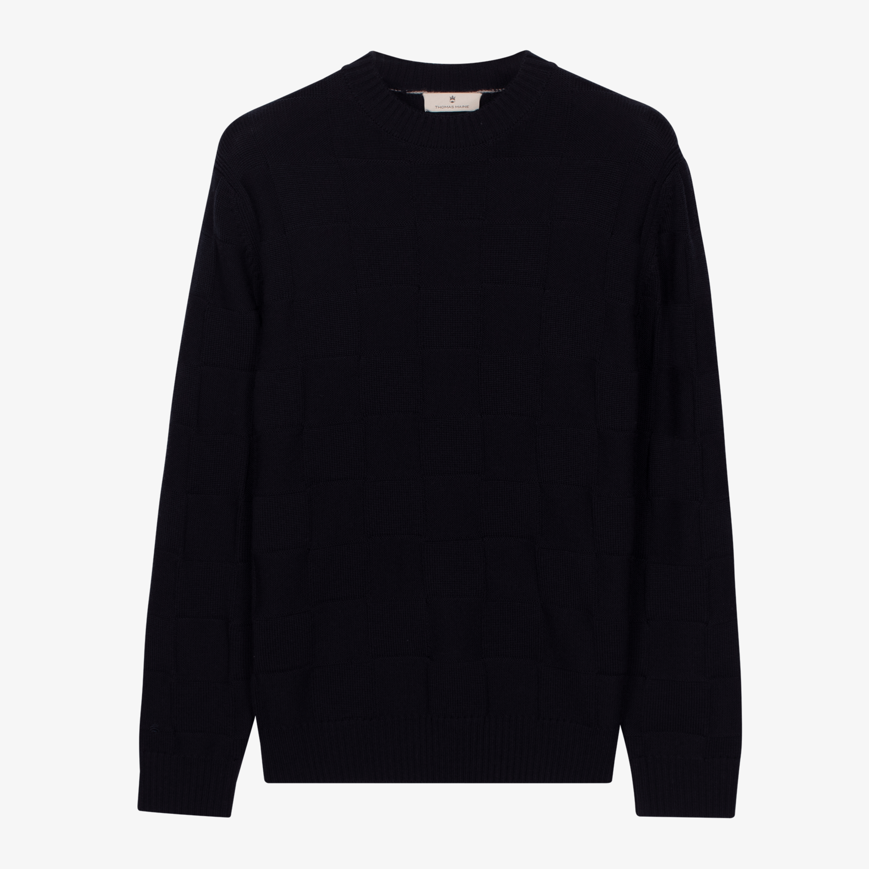 Thomas Maine Merino Checkerboard Crew Neck Jumper - Navy