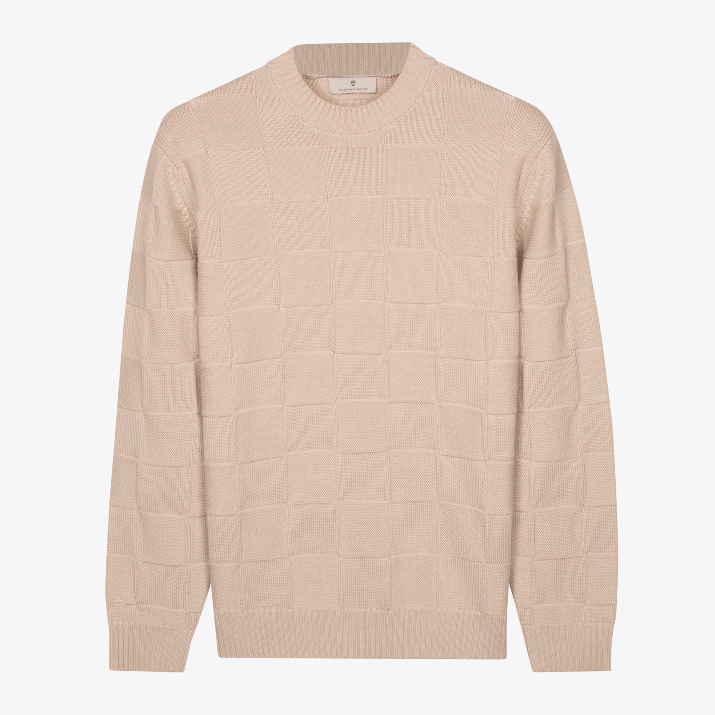 Thomas Maine Merino Checkerboard Crew Neck Jumper - Beige