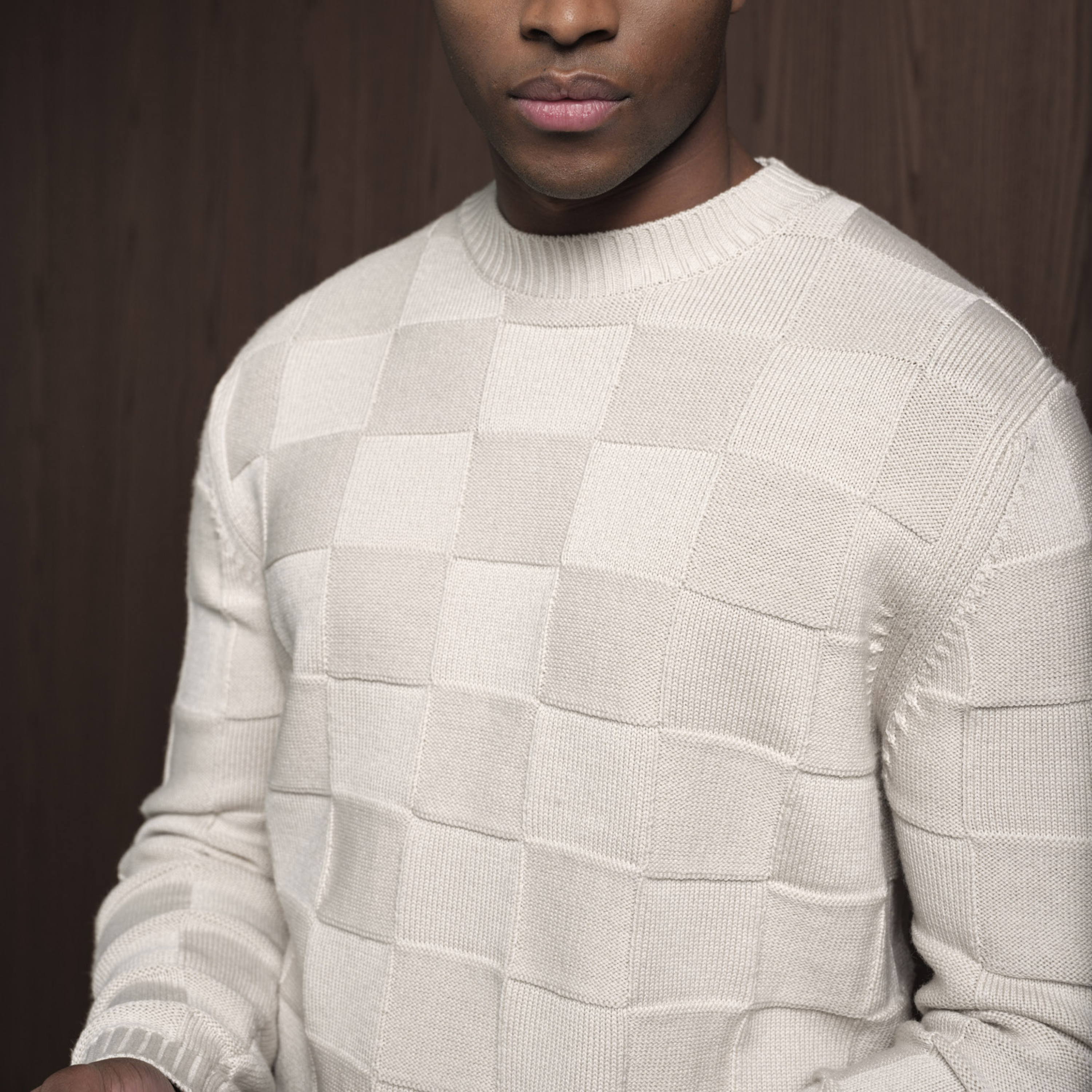 Thomas Maine Merino Checkerboard Crew Neck Jumper - Beige