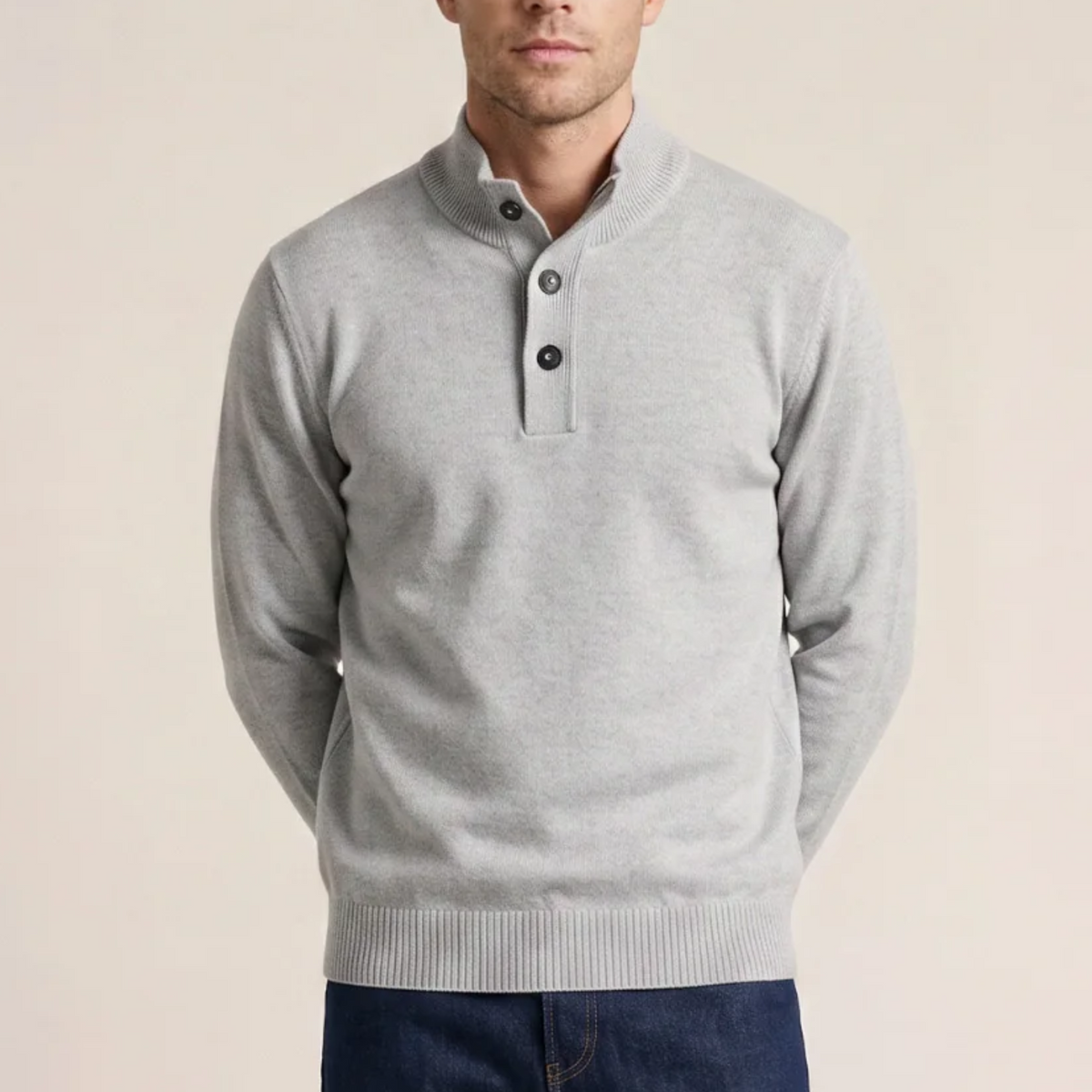 Thomas Maine Lambswool Half Zip Button Up Jumper - Light Grey
