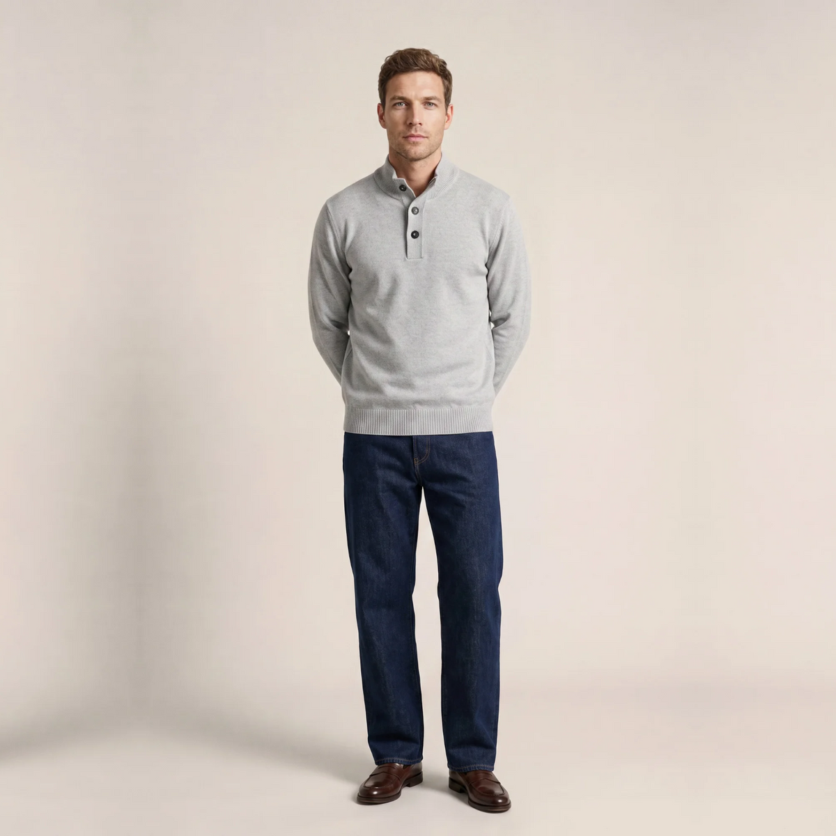 Thomas Maine Lambswool Half Zip Button Up Jumper - Light Grey