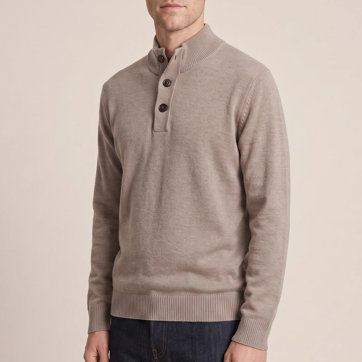 Thomas Maine Lambswool Half Zip Button Up Jumper - Taupe