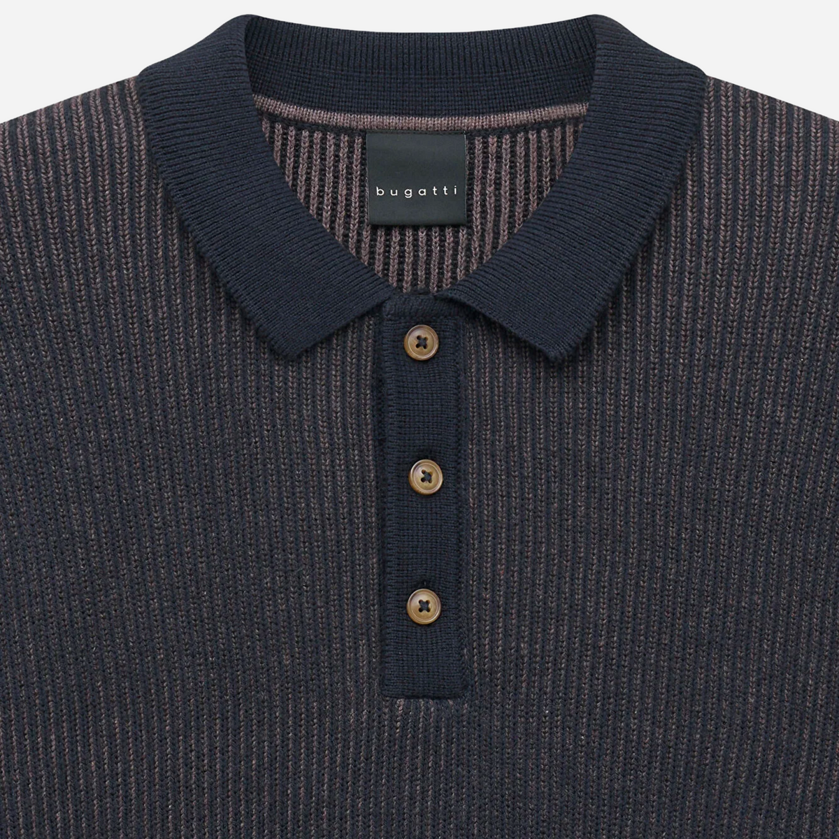Bugatti Knitted Cotton Cashmere Long Sleeve Polo Shirt - Navy