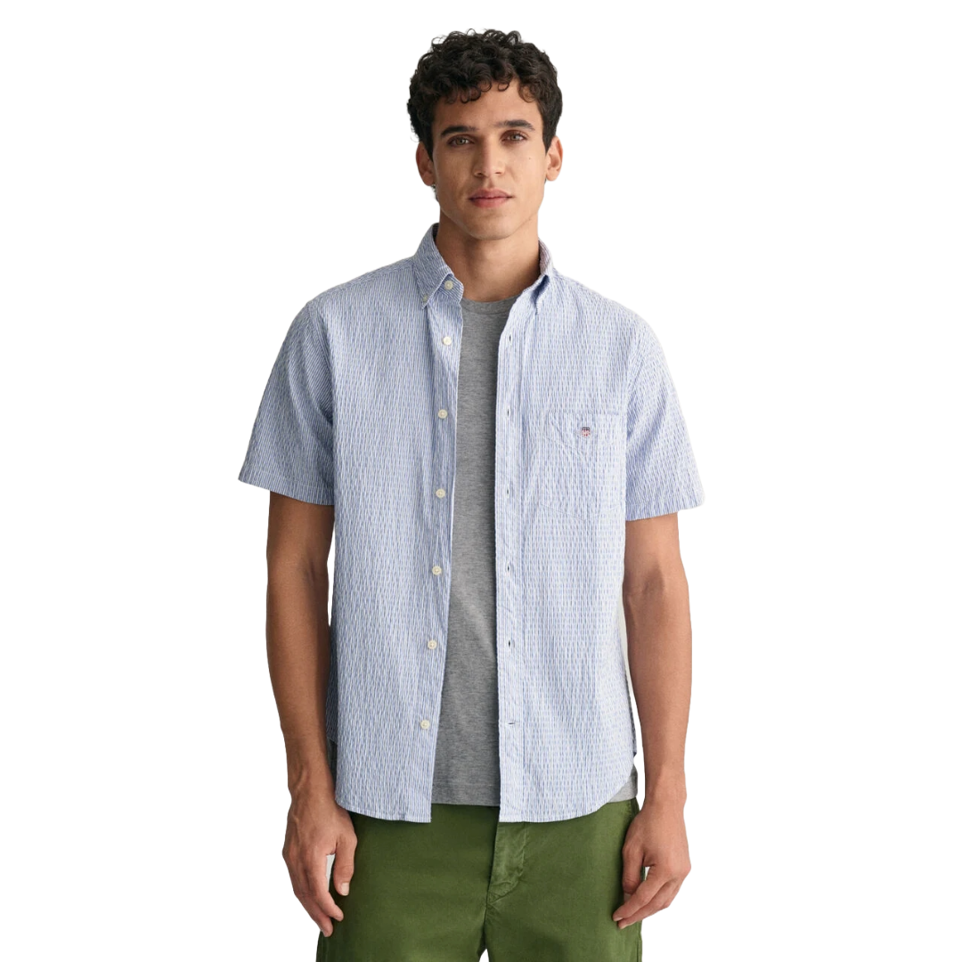 Gant Striped Seersucker Short Sleeve Shirt - Blue