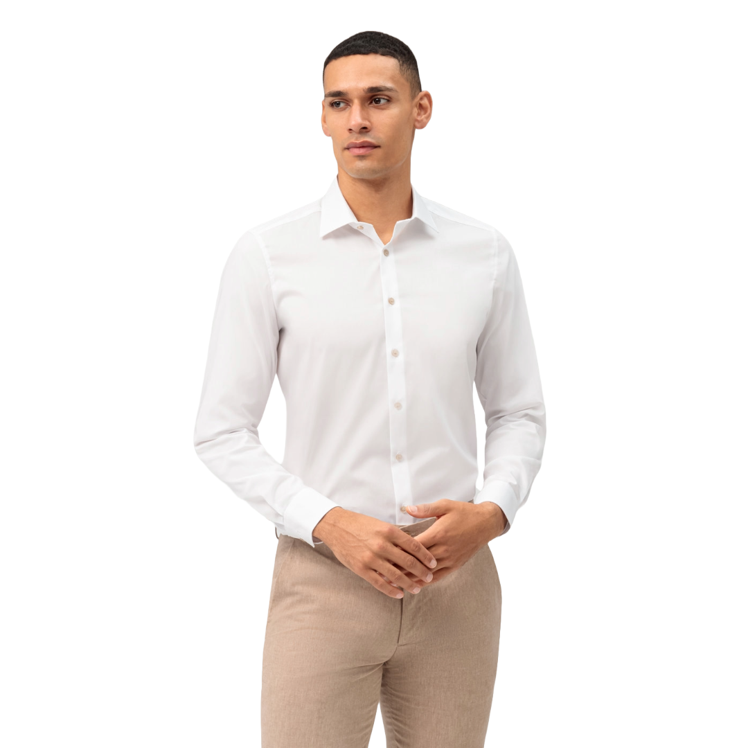 Olymp Level 5 Slim Fit Shirt - White with Beige Buttons